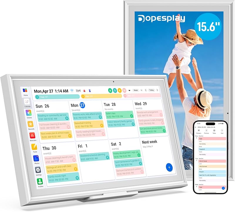15.6'' Digital Calendar Touchscreen, FHD Smart Family Organizer & Wall Planner, App Sync Interactive Chore Chart for Family Schedules, Digital Photo Frame, 64GB, Wi-Fi, Wall/Desk Mount-White