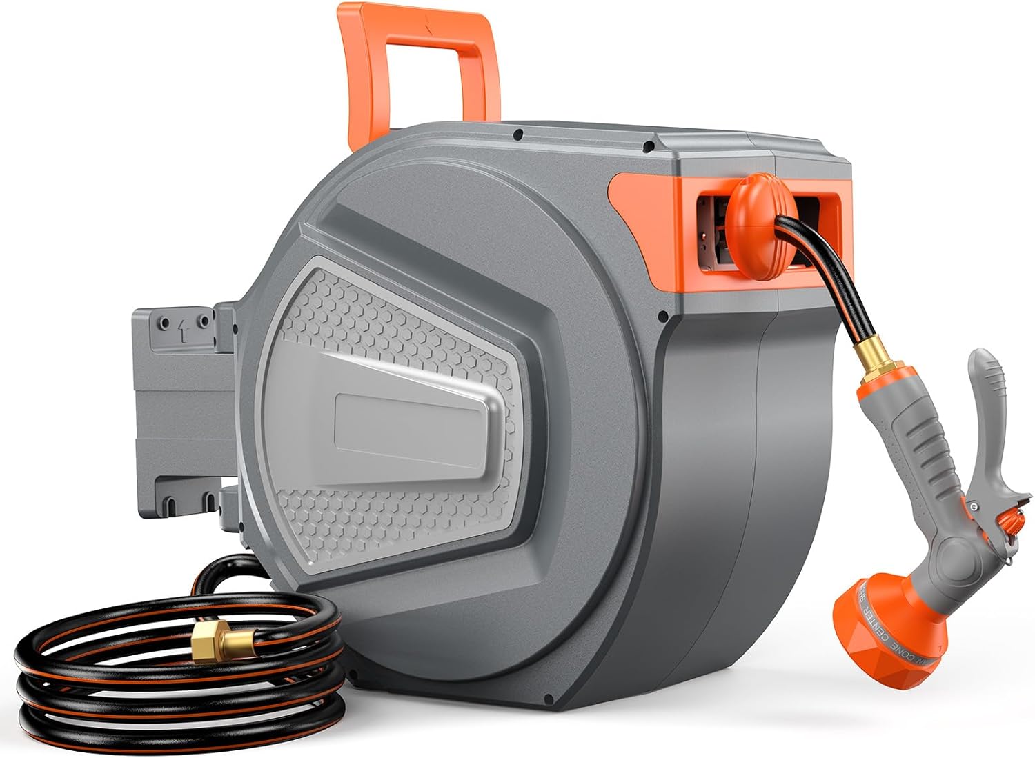 NEWBULIG Garden Hose Reel, 1/2" x 100 ft Retractable Heavy Duty Water Hose | Automatic Wall Mounted, 9 Pattern Hose Nozzle, Slow Slow Retract System, Any Length Lock, 180° Swivel for Yard Cleaning, Grey