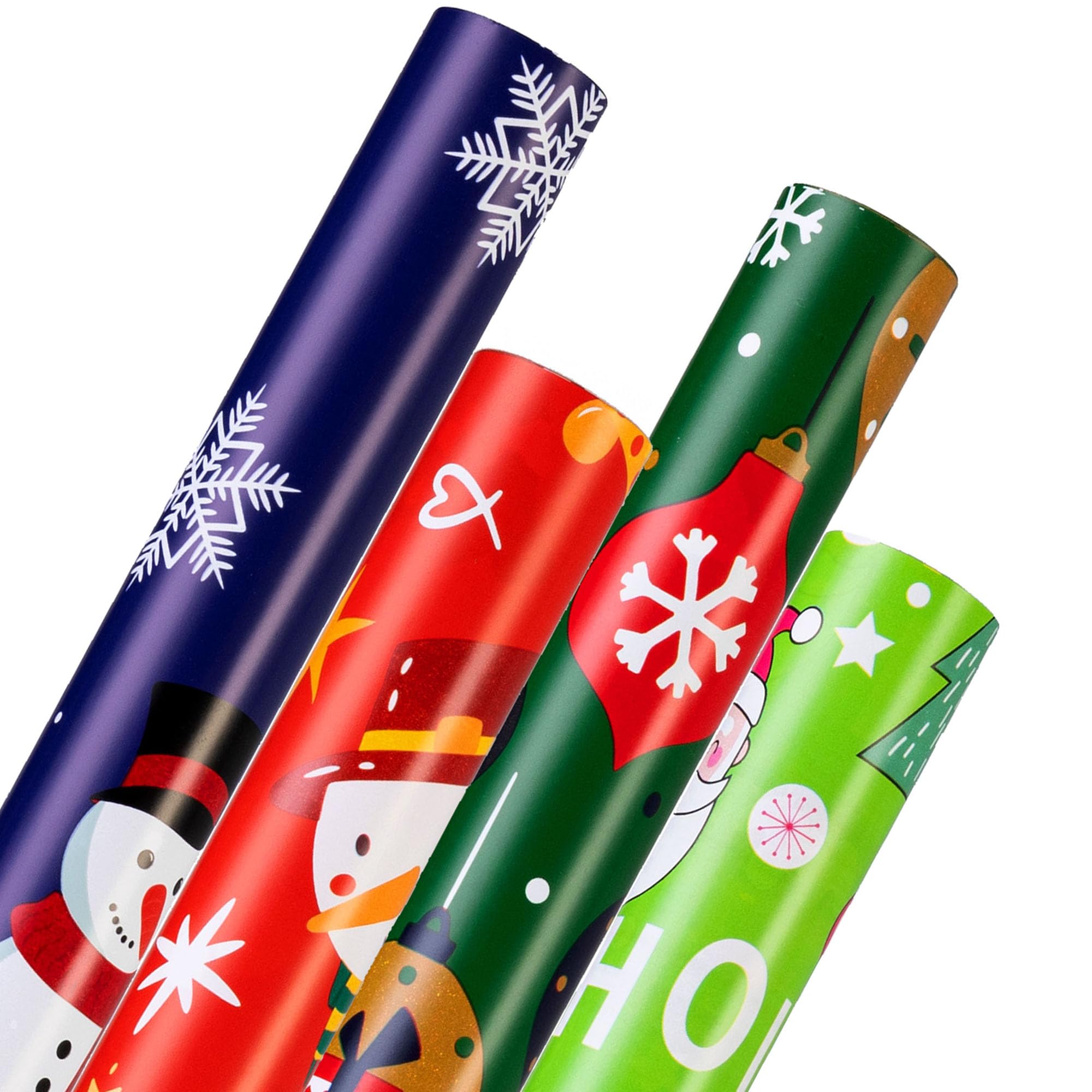 Cherubfunz Christmas Wrapping Paper for Gift (4 Rolls: 148 sq. ft. ttl) Funny Santa Claus Snowflakes Snowman Christmas Pine Trees- Christmas Elements Collection - 30 inches x 14.8 feet Per Roll