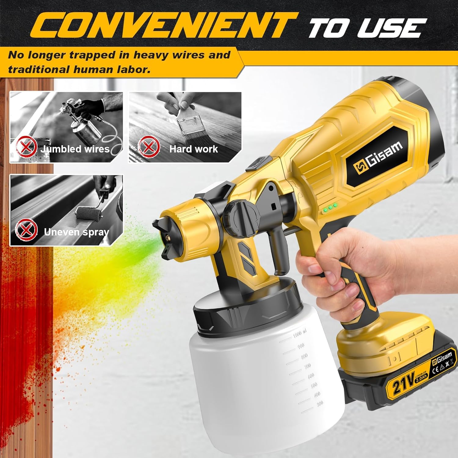 Gisam Pistolet a Peinture sans Fil, Pistolet Peinture Electrique avec 2 x 2Ah Batterie, 4 Buses & Réservoir de 1000ml pour Peinture Murale Intérieure & Extérieure (2-avec 2 Batterie)