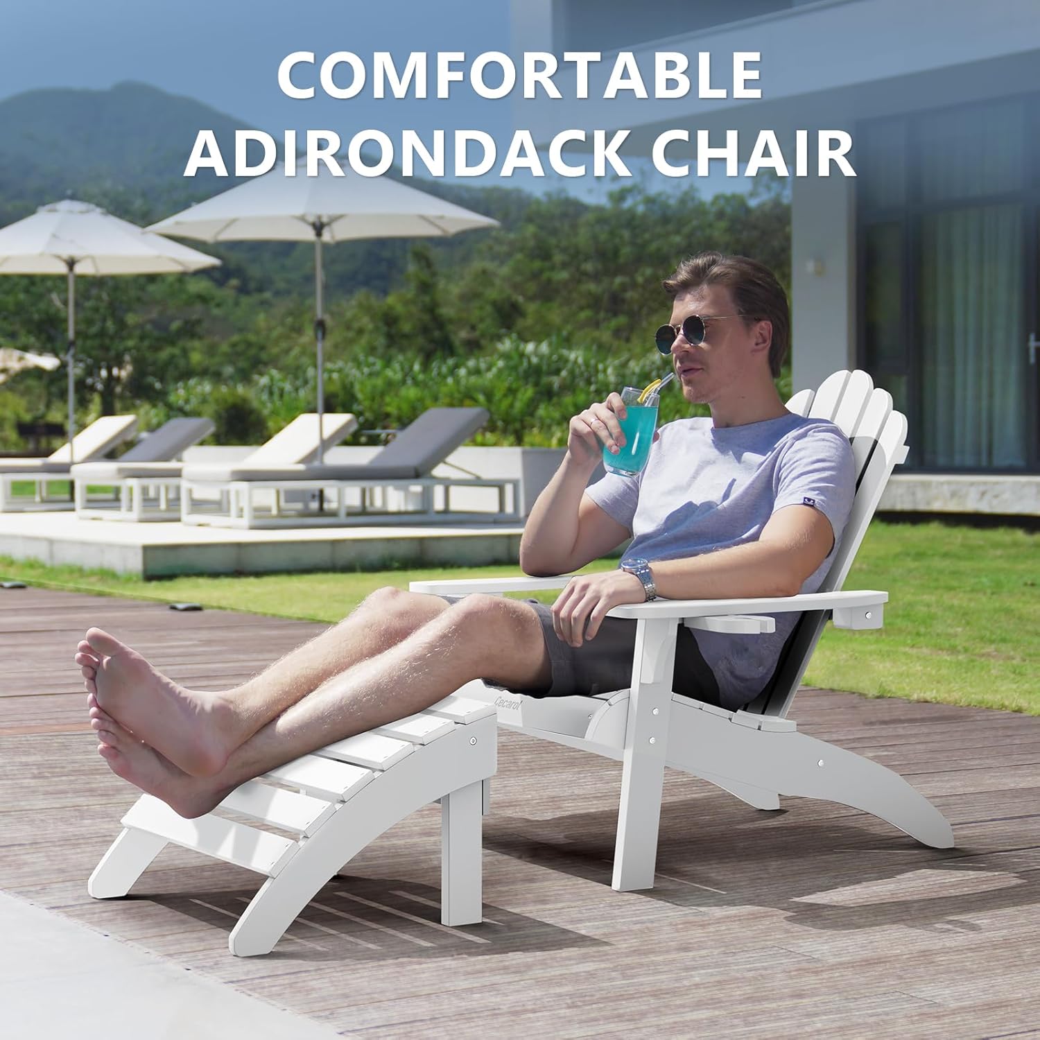 Cecarol Normal Size Adirondack Chair Plastic, Outdoor Fire Pit Chair with Cup Holder, Adirondack Patio Chair Weather Resistant for Outside, Porch, Lawn, Garden- AC01S, White