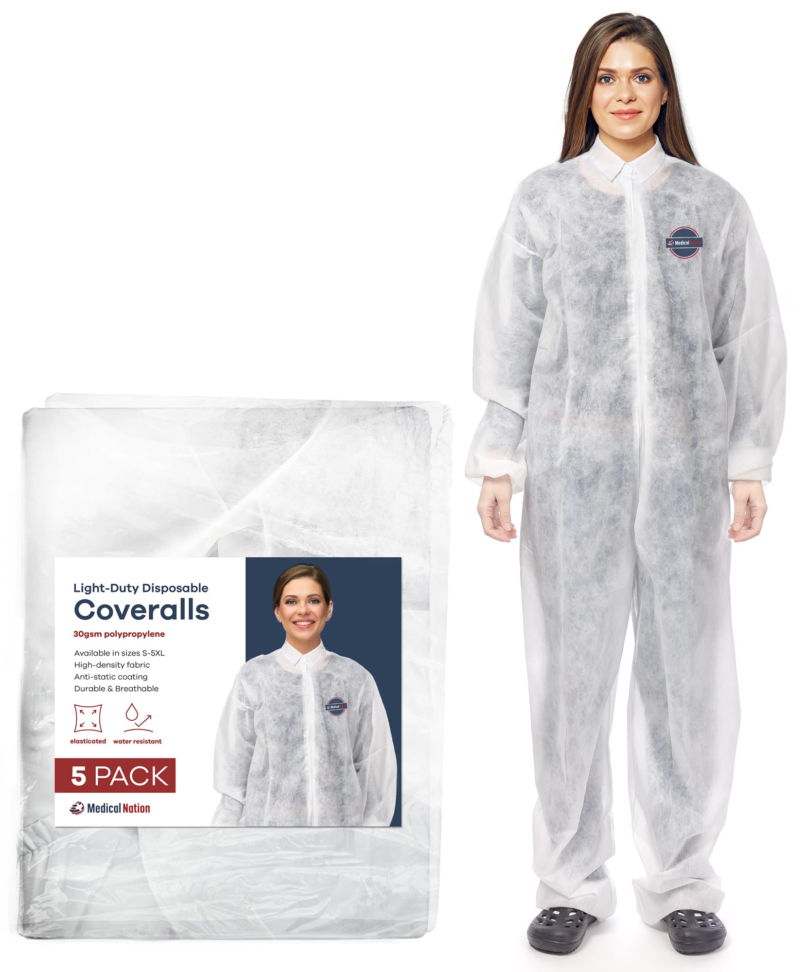 Medical Nation Hazmat Suits Disposable | 5 Pack | Light Duty Disposable Coveralls Men | with Collar - Overall Protective Chemical Suit for Men & Women