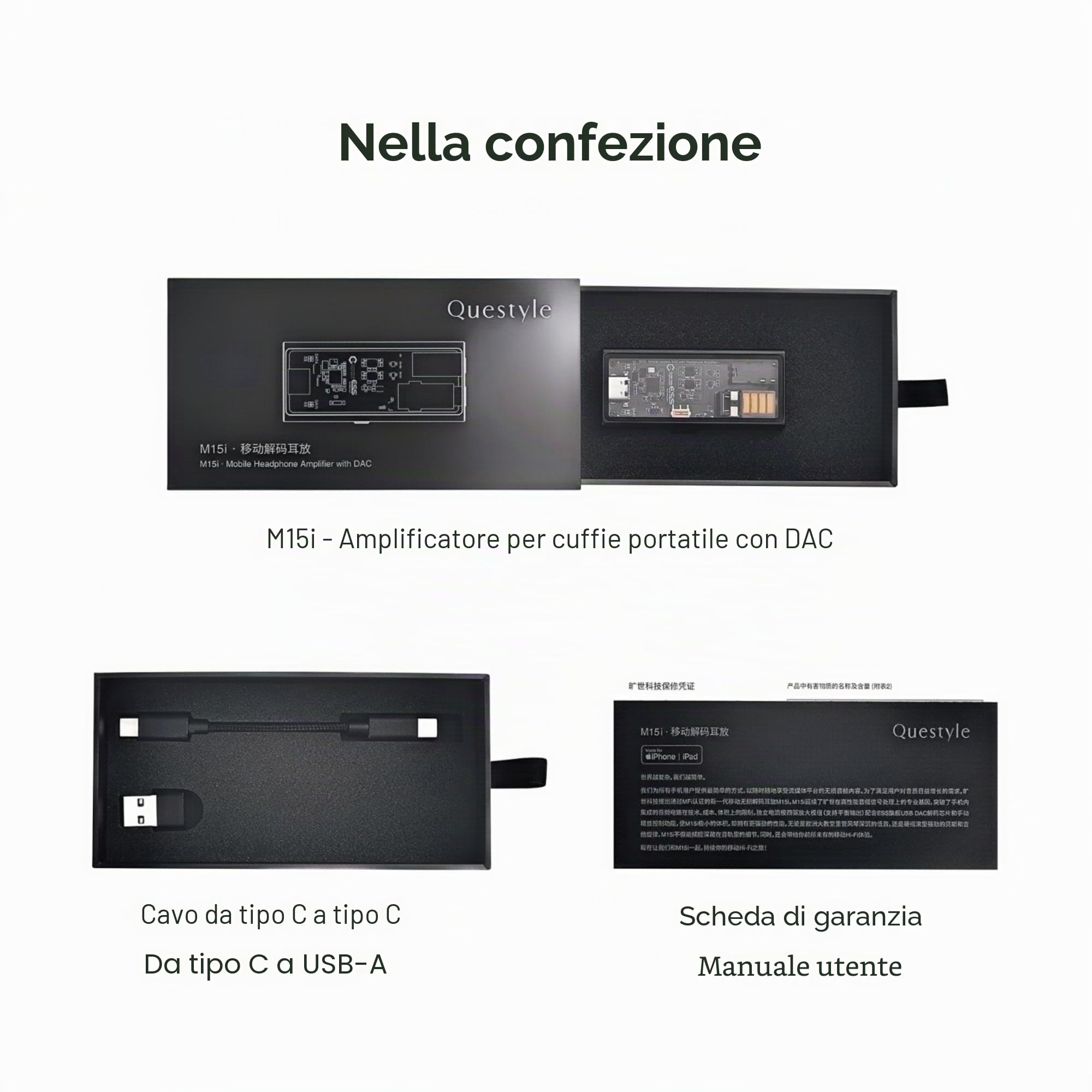 Questyle M15i Amplificatore per Cuffie Portatile DAC USB con Doppio Jack, Amplificatore per Cuffie Portatile - Certificato MFi, DAC ad Alta Risoluzione - Basso Rumore, per iOS/Android/PC