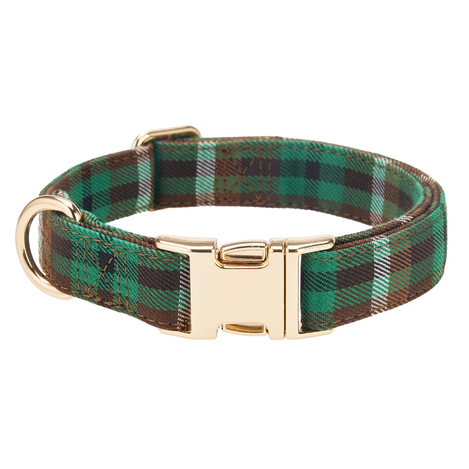 YUDOTE Green Brown Tartan Dog Collar, Forest Plaid Puppy Collar with Gold Metal Buckle, Soft Adjustable Checkered Pet Collar for Small Dogs,Nature-Inspired Daily Walking Dog Collar(GNBW,Small)