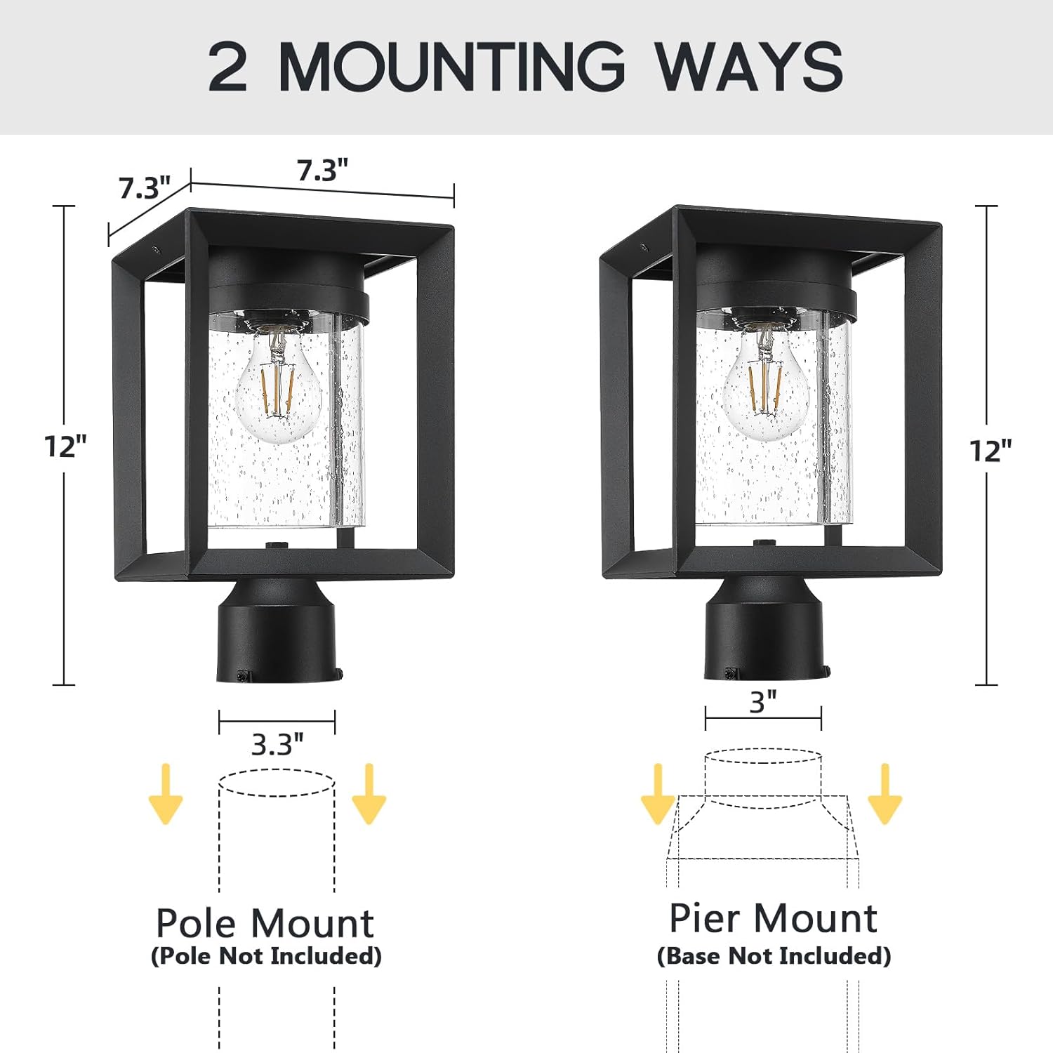Emliviar Solar Lamp Post Light Outdoor, Dusk to Dawn Solar Column Lighting with Seeded Glass, 12 Inch Outside Pier Mount Light in Black Finish, YXE311P-SL BK