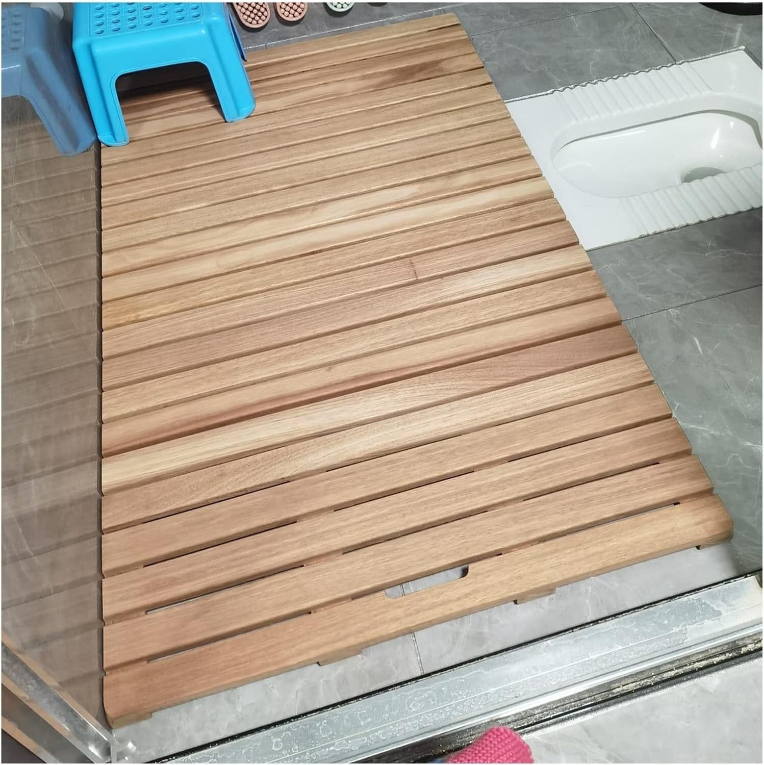 BHGFYXBS Wood Shower Bath Mat Non-Slip Slats Splicing Foot Pad Bathroom Drain Board Balcony Kitchen Deck Pedal Custom Size,Wood Colour-60x100cm