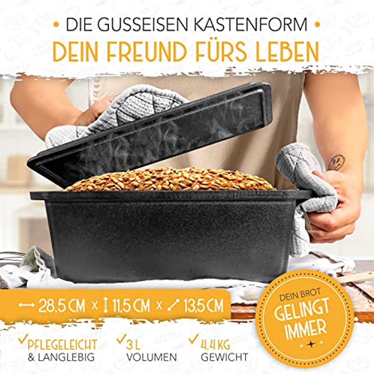 2-in-1 Gusseisen-Brotbackform Mit Deckel – 22,9x12,7 Cm, Inkl. Backzubehör (Lame, Teigschaber, Pinsel), Für Brot & Hackbraten