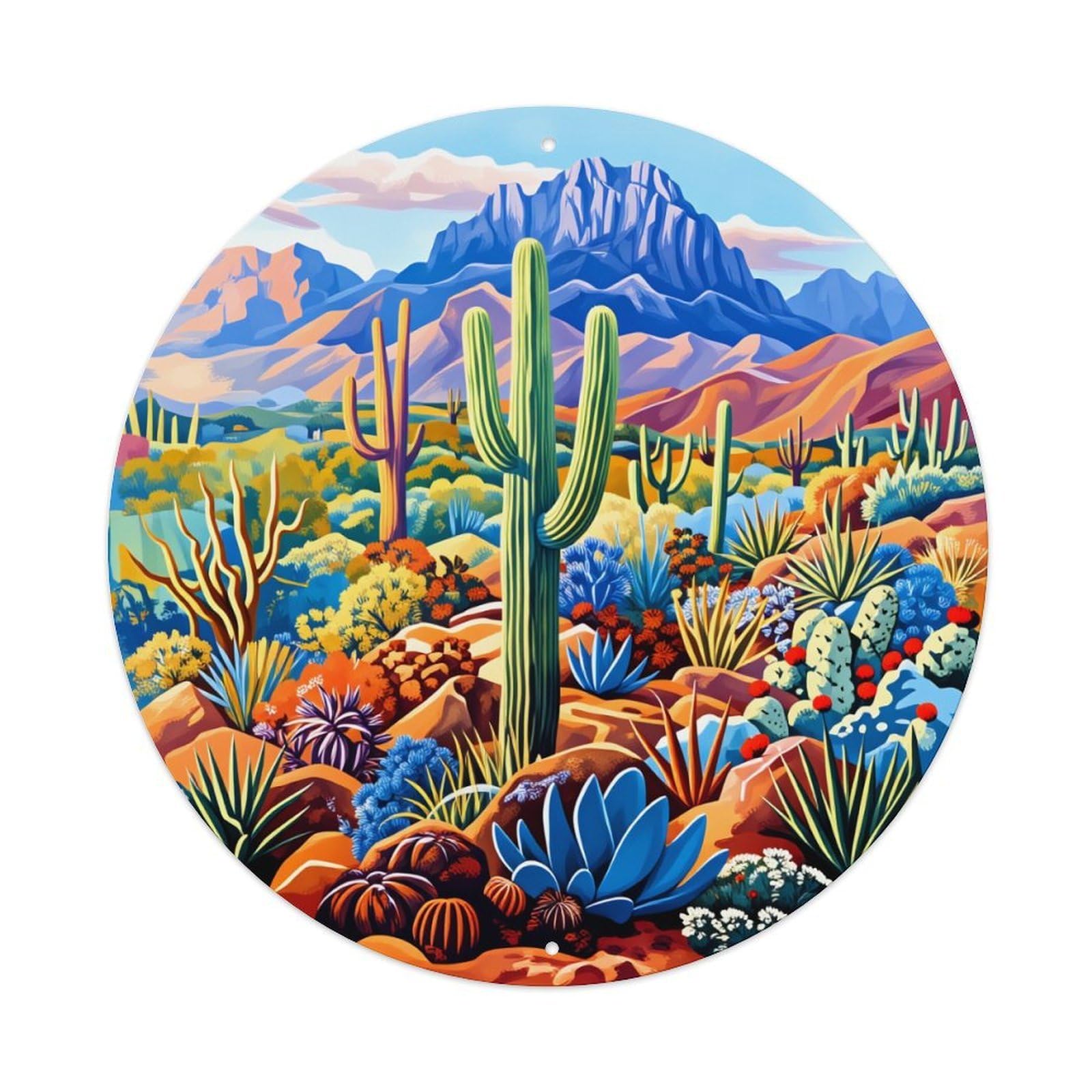 Desert Landscape Cactus Mountain Colorful Round Tin Sign Vintage Metal Poster Retro Bar, Home, Man Cave, Kitchen, Laundry Room Wall Art Decor Gift 8x8Inch