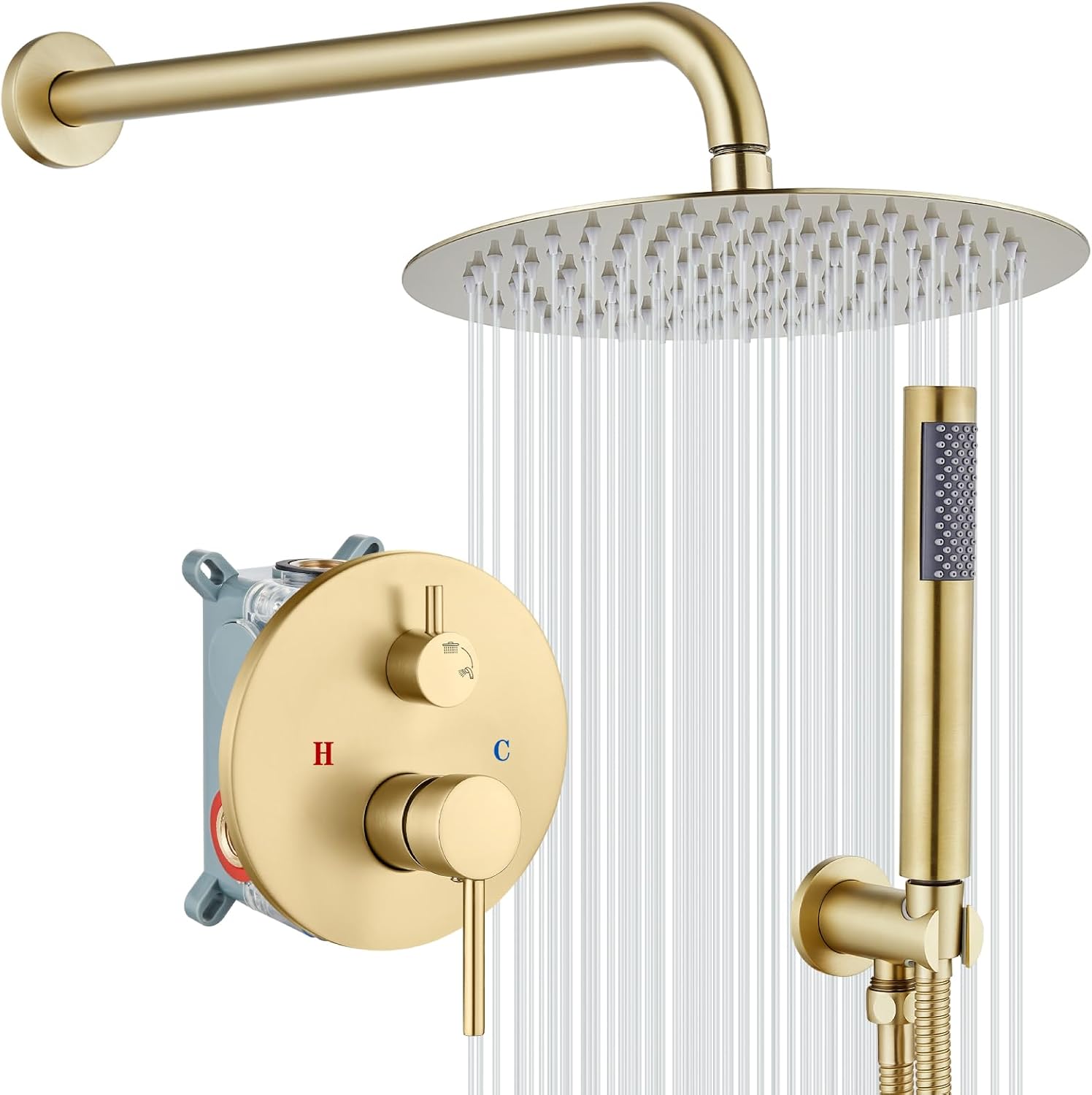 Set de ducha con grifería y ducha de lluvia 10 pulg oro miniatura 1