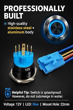 MGI SpeedWare Black Aluminum Push Button Switch 22mm with Socket, 3A 12vDC Ring LED (Latching, Blue)