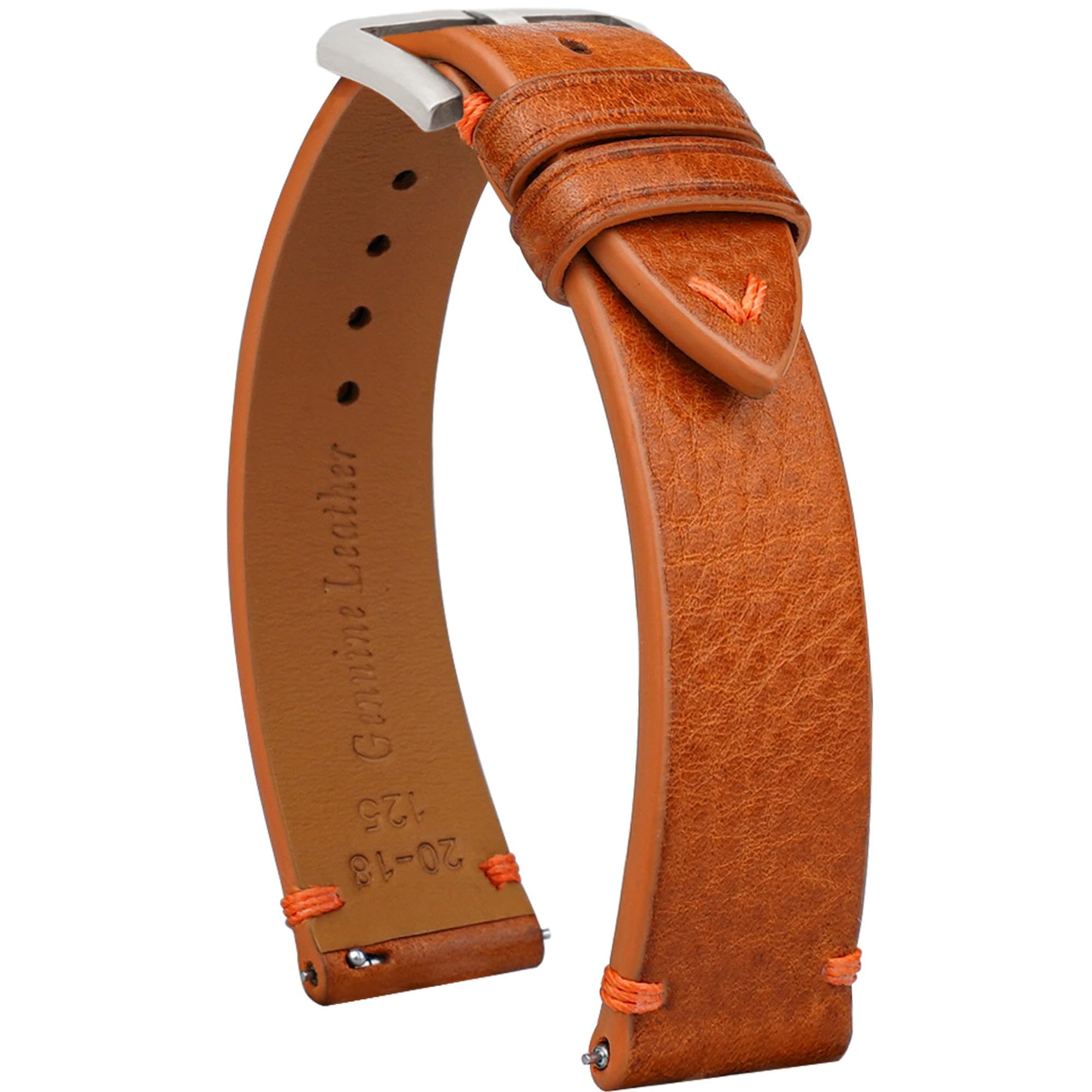 Gomvadr Quick Release Lederarmband, Öl Wachs Leder Uhrenarmbänder, Italienische Kalbsleder Uhrenarmbänder Ersatzband für Männer Frauen 16 18 19 20 21 22mm (18mm, Braun/Silberne Schnalle/Orange Kordel)