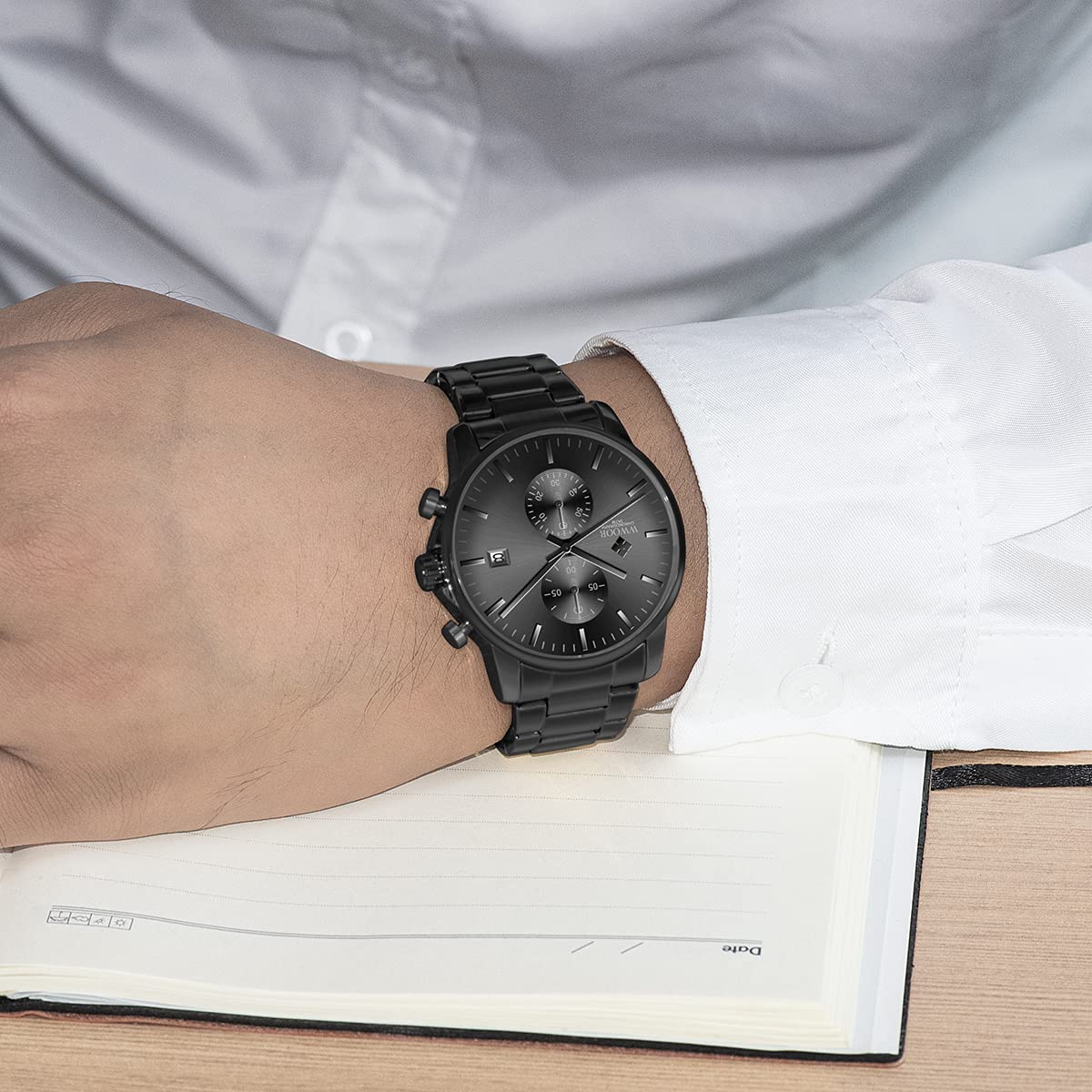 Montre bracelet pour homme avec montre à quartz chronographe étanche en acier inoxydable et métal, date automatique sur les mains colorées, extensible en acier inoxydable, réglable, Noir, 1, Bracelet
