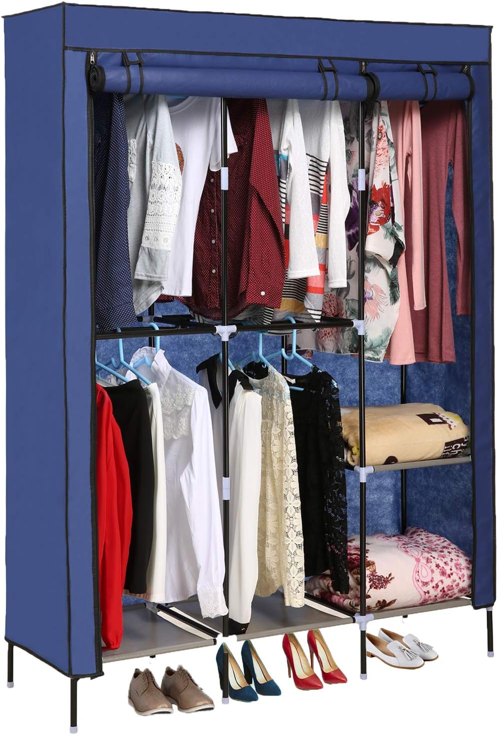 OppsDecor Portable Clothes Closet Non-Woven Fabric Wardrobe with Double Rod Shelves Freestanding Storage Organizer Wardrobe
