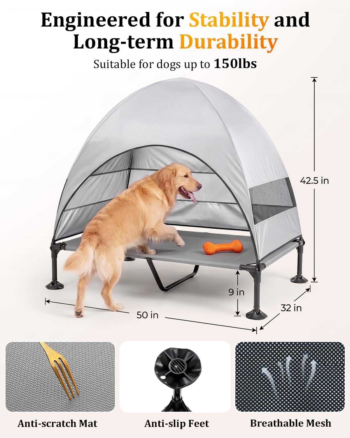 Elevated Outdoor Dog Bed with Canopy, Raised Dog Cot with Stable Adjustable Feet, Dog Camping Bed with Larger Shade, Lifted Dog Tent Bed with Canopy for Outside