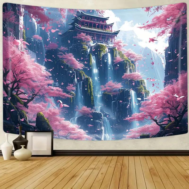 FENDROM Japanese Aesthetic Pink Cherry Blossom Tree Tapestry Building on Mountains Waterfall River Fairytale World Asian Art Wall Hanging Tapestry for Bedroom Living Room - Image 3