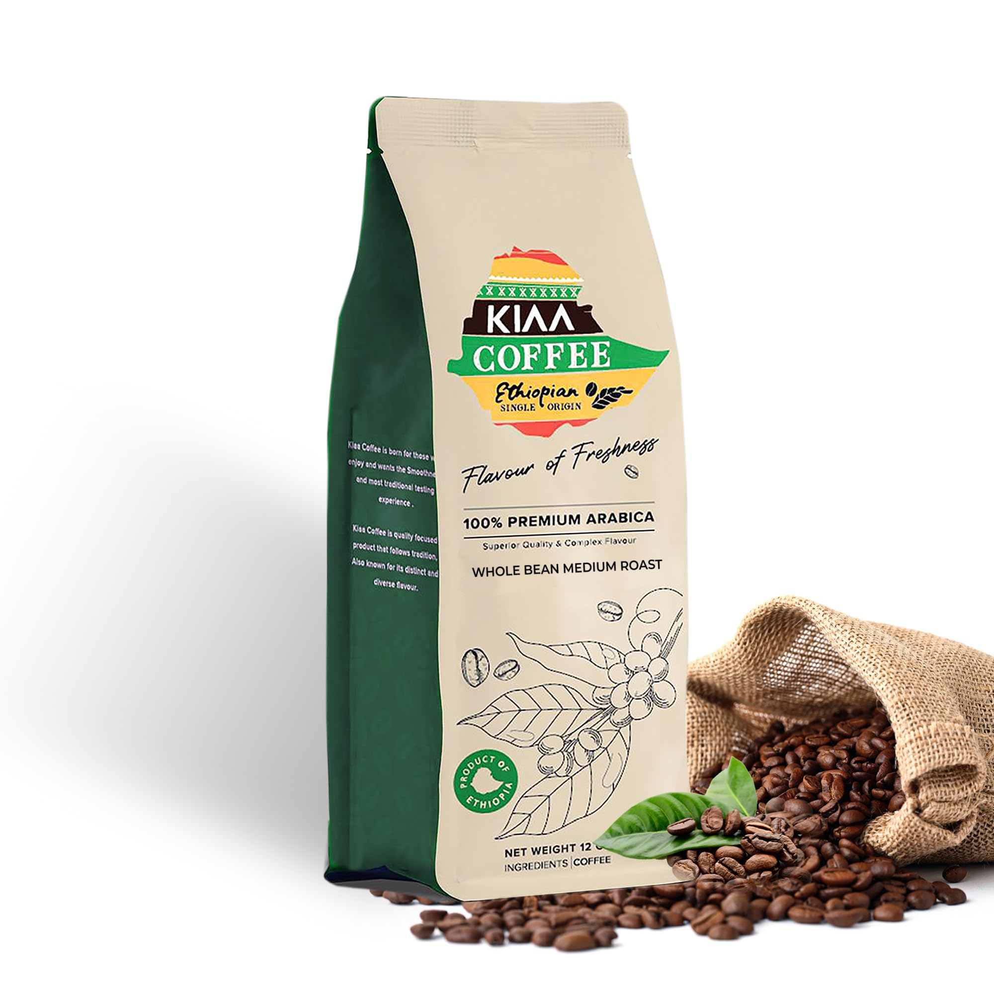 KIAA Ethiopian Premium Whole Bean Medium Roast Coffee - 12oz, 100% Organic Arabica, Full-Bodied Bold Flavor, Rich & Smooth, Perfect for Espresso, French Press & Drip Brewing, Freshly Roasted
