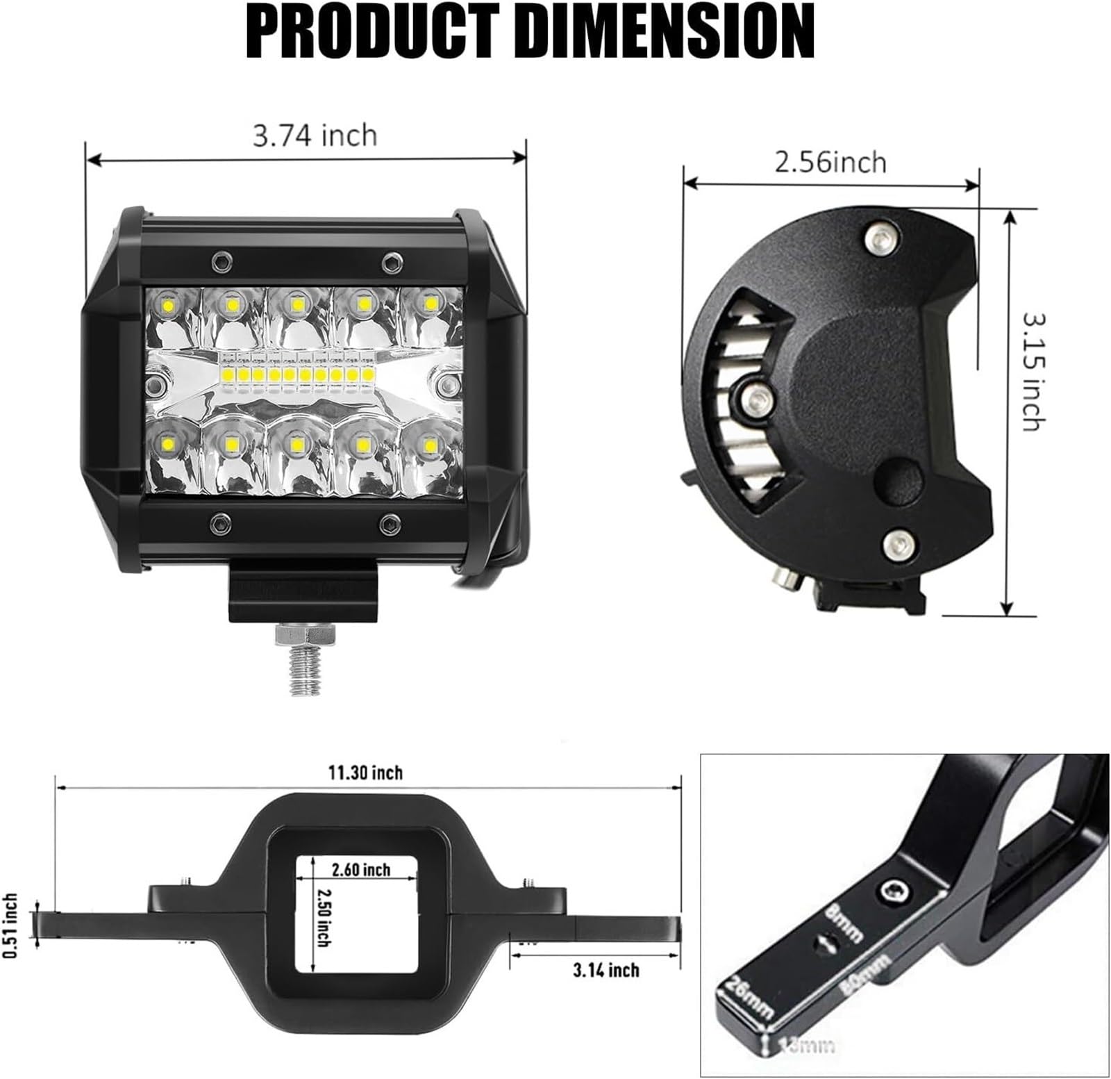 Bombilla Coche De Luz Trabajo LED 4 Pulgadas Bombilla LED | 2 Uds Barra Conducción Todoterreno 12-24V 2,5 Soporte Montaje Enganche Remolque