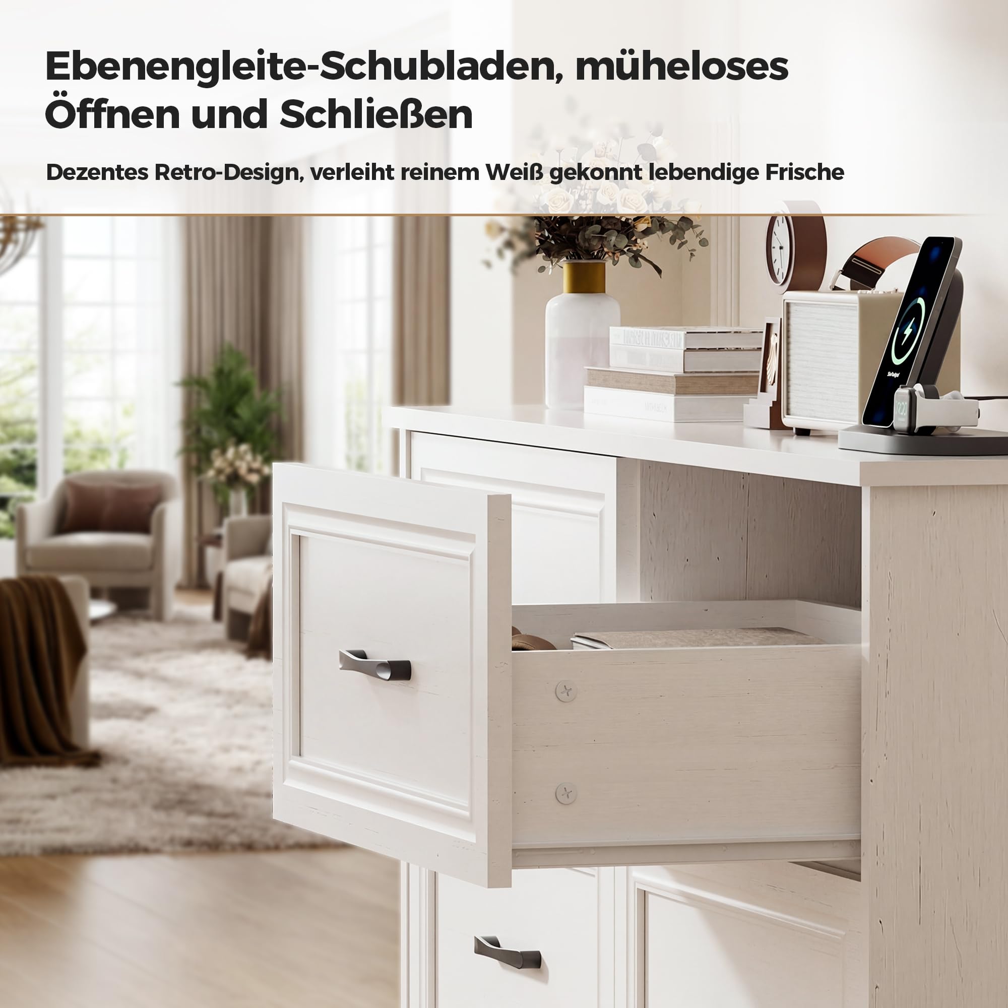 BonVache Kommode mit Steckdosen, Komode mit 6 schubladen, 2 USB & 2 AC-Anschlüssen, Komodenschrank Holz, für Schlafzimmer, Wohnzimmer, Flur, 106 x 81.5 x 39 cm, Weiß