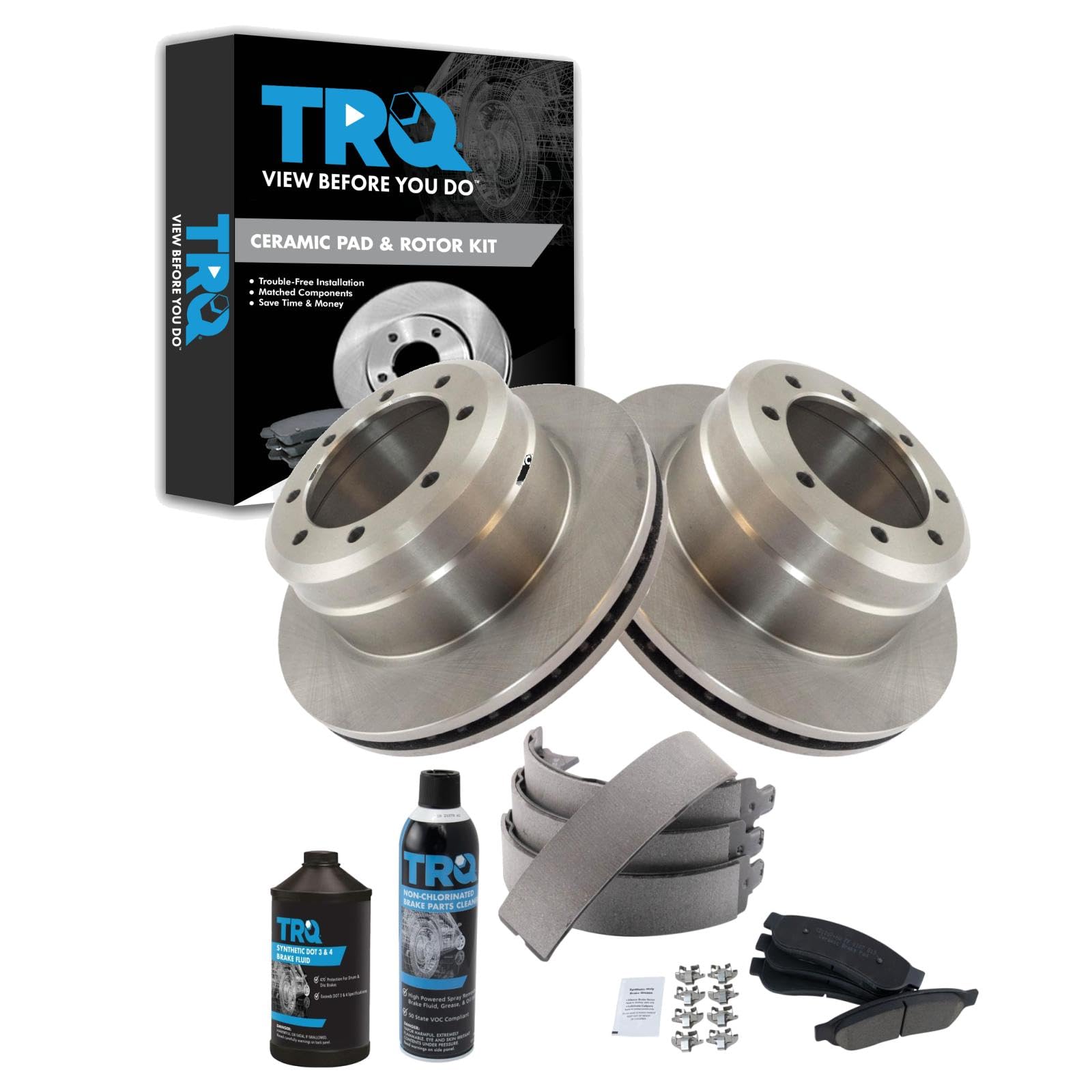 TRQ Rear Brake Pad &amp; Rotor Kit, with Chemical Kit Parking Brake Shoe Set Ceramic Compatible with 2005-2012 Ford F-350 Super Duty 2011-2012 F-450 Super Duty