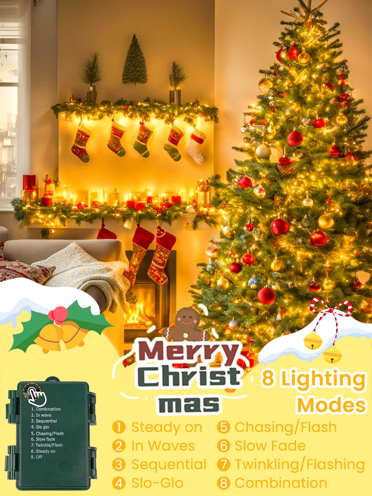 4 unidades de 400 luces LED de 132 pies impermeables con batería parpadeante (blanco cálido)