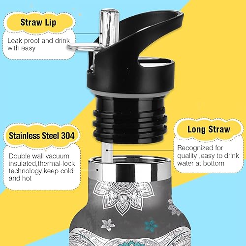 Miniatura 3 de Kids Water Bottle with Straw 20 Oz, Water Bottle Stainless Steel for Travel or School, BPA-Free, Elephant Mandala Paisley White