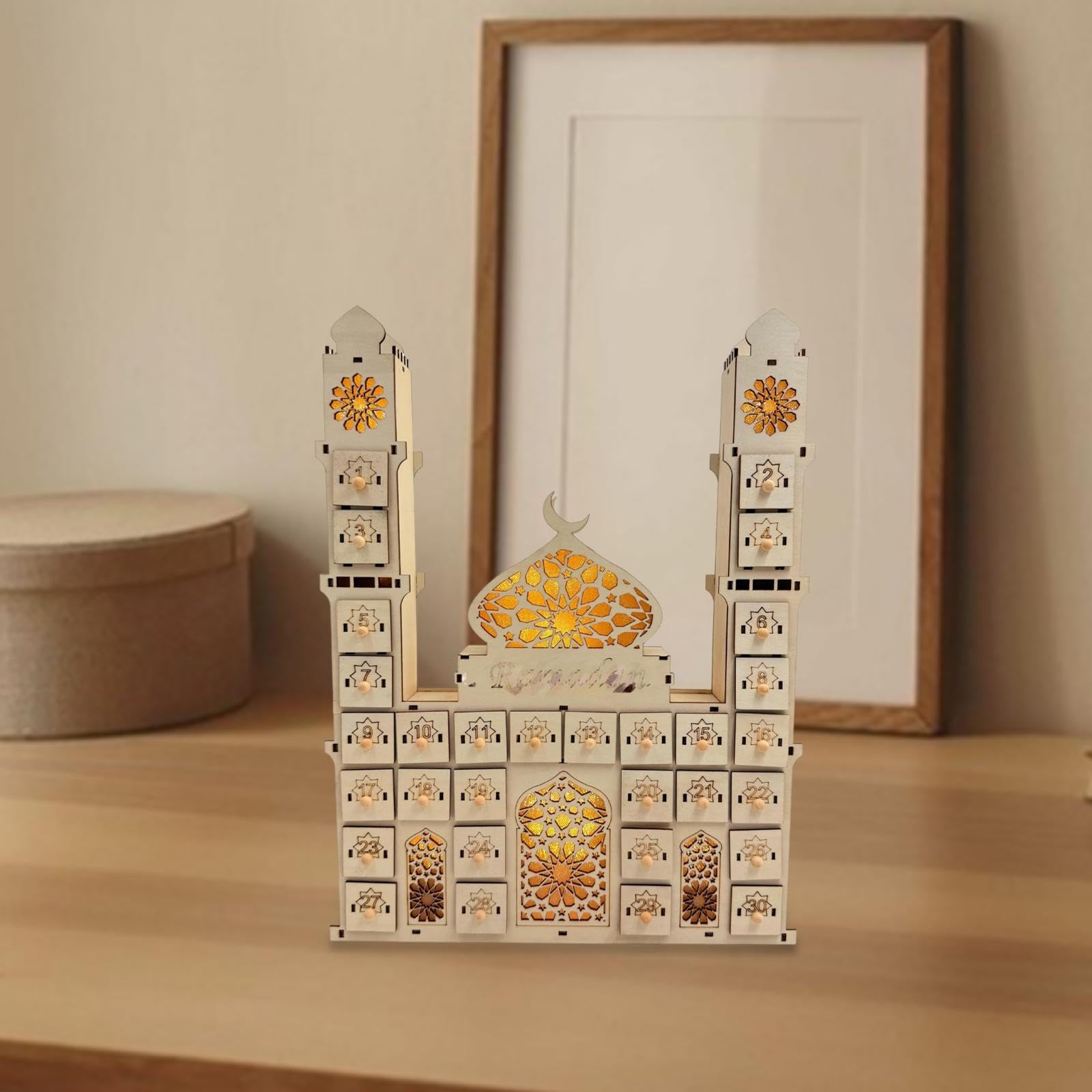 Amagogo Ramadan-Adventskalender, hölzerner Eid-Mubarak-Adventskalender mit 30 Schubladen für Partyzubehör, Eid-Mubarak-Wohnzimmer, Zuhause