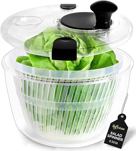 lily&stone Molinillo grande para ensaladas con frutero de plástico, drenaje y colador, hilador de productos y lechugas, secadora de verduras,