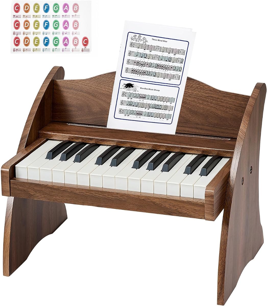 VEVOR Teclado de piano para niños, piano digital de madera de 25 teclas para niños, mini instrumento educativo musical de juguete con sonido realista, doble potencia, volumen ajustable para niños pequeños, niños y niñas aprendiendo, nogal