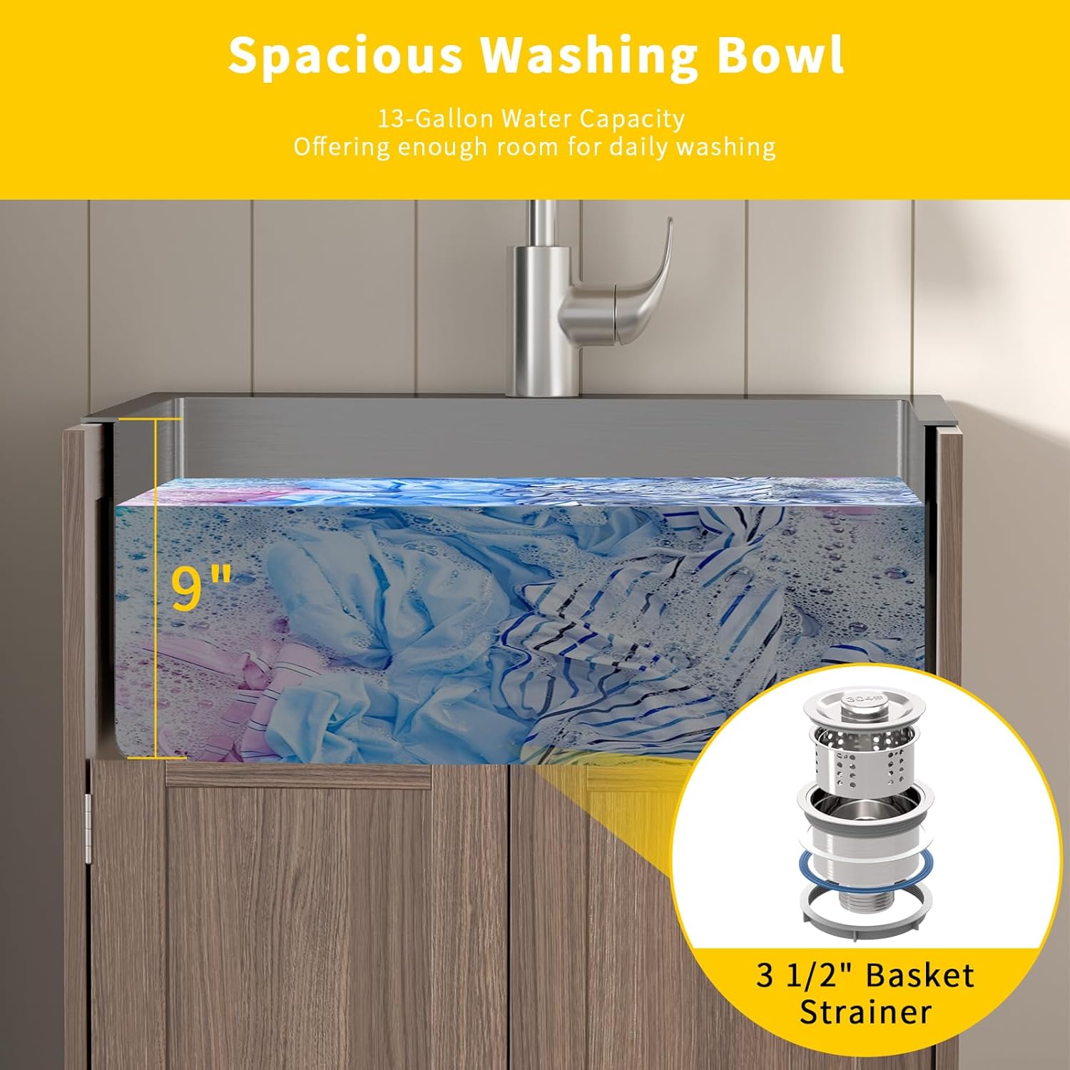 Spacious Washing Bowl with 9-inch Depth and Basket Strainer
