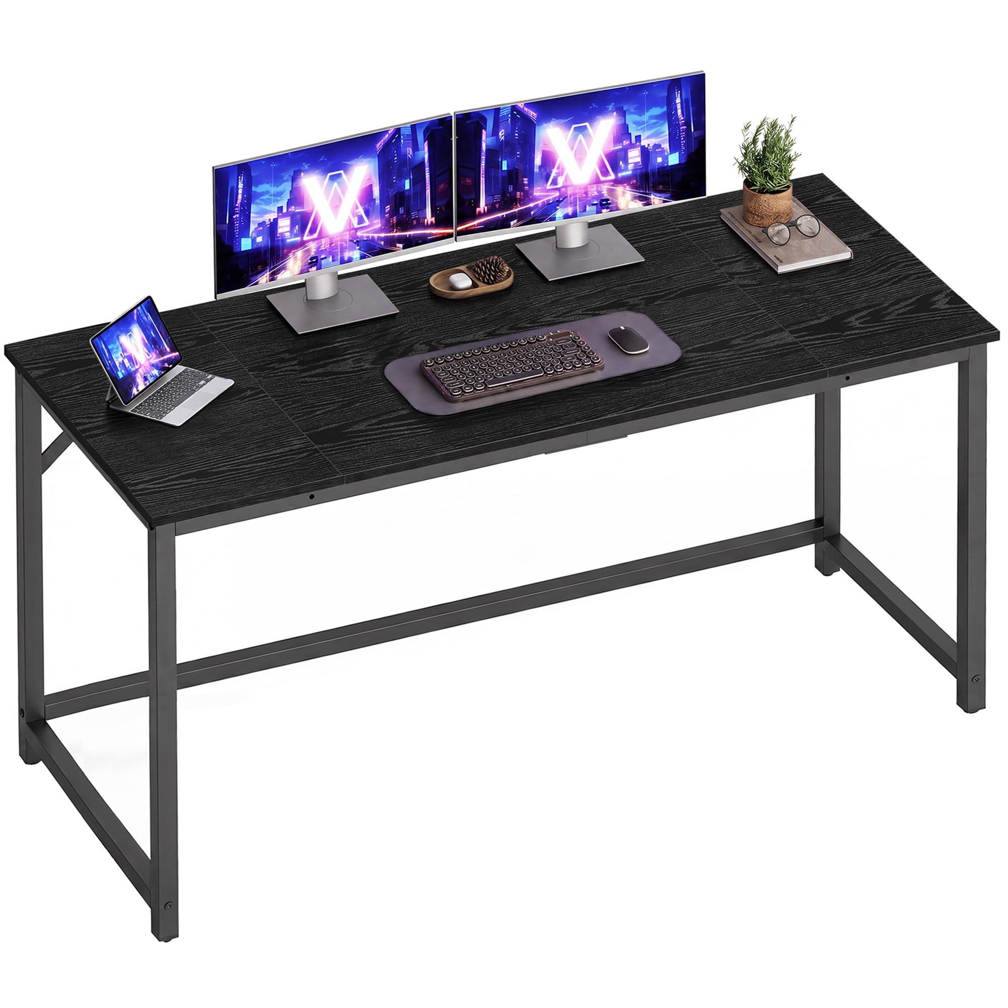 VASAGLE Computer Desk in an office setting with two monitors, a laptop, and a gaming chair.