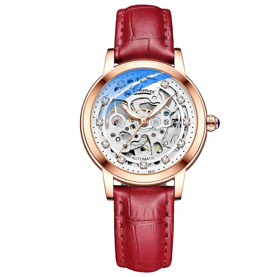 RORIOS 腕時計 レディース 人気 自動巻き 機械式 ウォッチ 手巻き付き おしゃれ 夜光 防水 アナログ腕時計 多機能 人工ダイヤモンド キラキラ 通学 通勤 本革バ : RORIOS watch 腕時計 人気 時計 レディース おしゃれ 革 機械式 自動巻き 夜光 クローバー スケルトン  ホロー ビジネスウォッチ スケルトンブラックB : ファッション