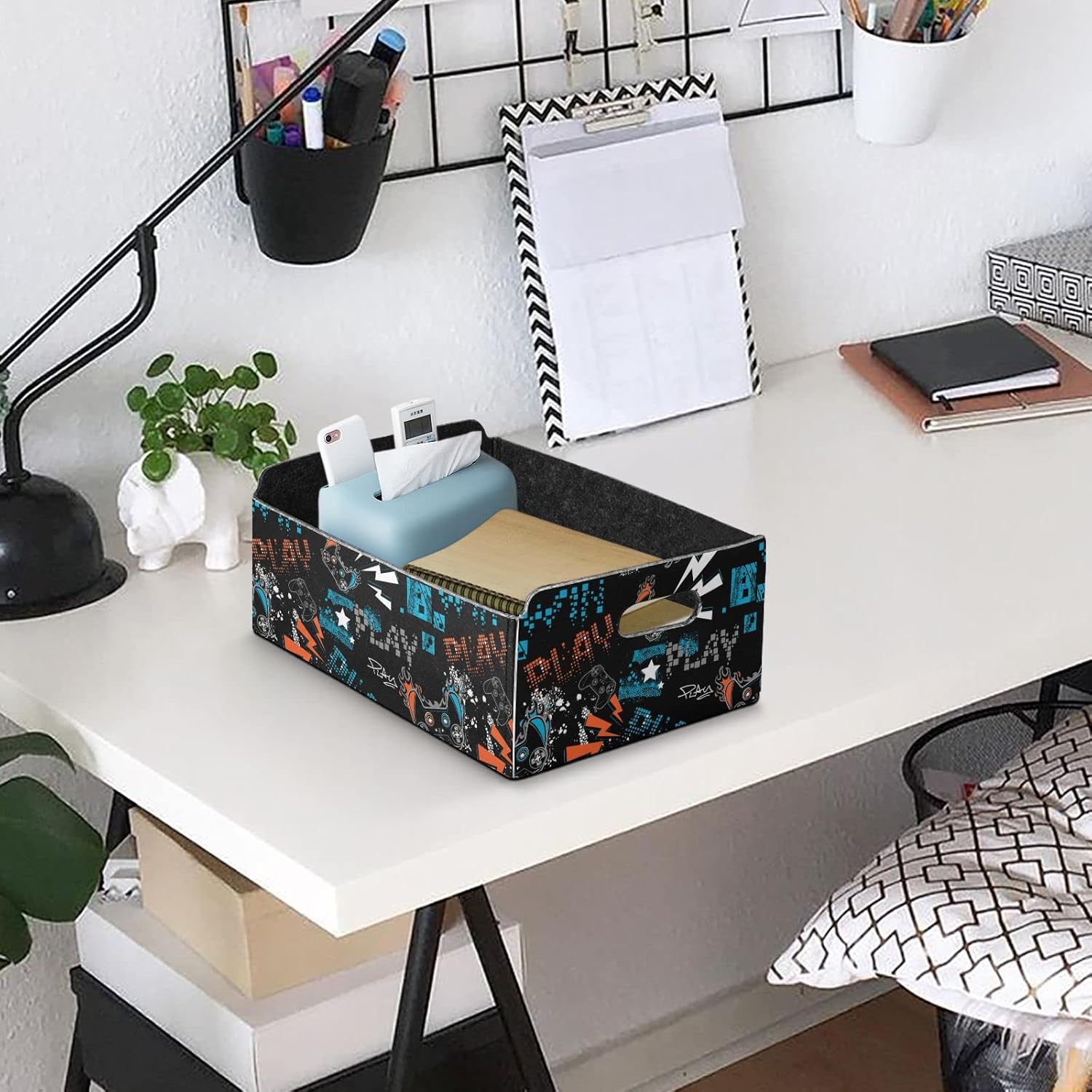 CaTaKu Foldable Storage Basket Gamer Cute Black Collapsible Felt Storage Bins with Handle Drawer Organizer Bin Cube Shelf Box for Organizing Closet Clothes Office Books Bedroom