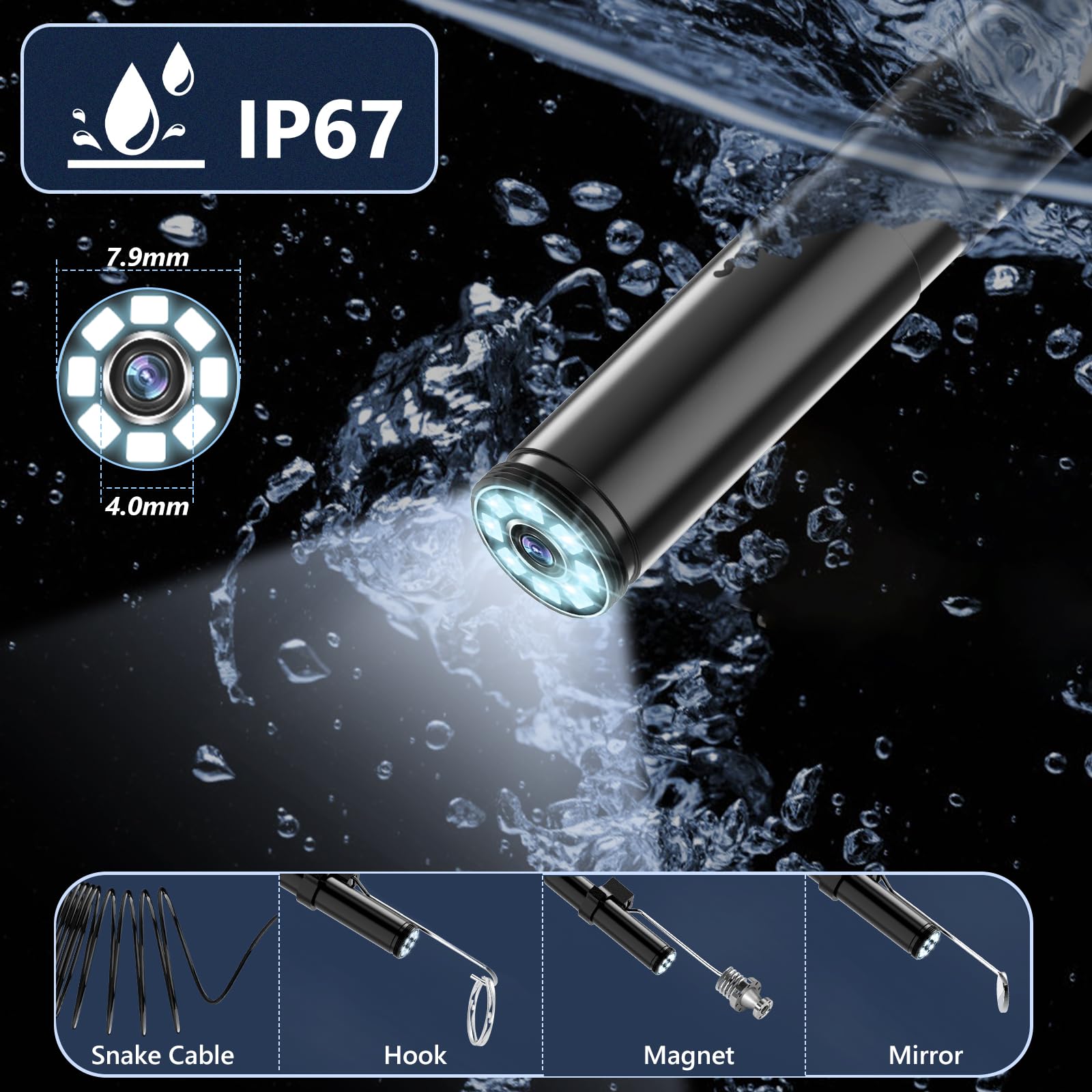 Dubbele lens] Ennovor inspectiecamera-endoscoop, 4,3 inch IPS-scherm 1920P HD digitale borescope, geen app, geen wifi, inspectiecamera met 8 LED-verlichting, IP67 waterdichte afvoercamera, flexibele