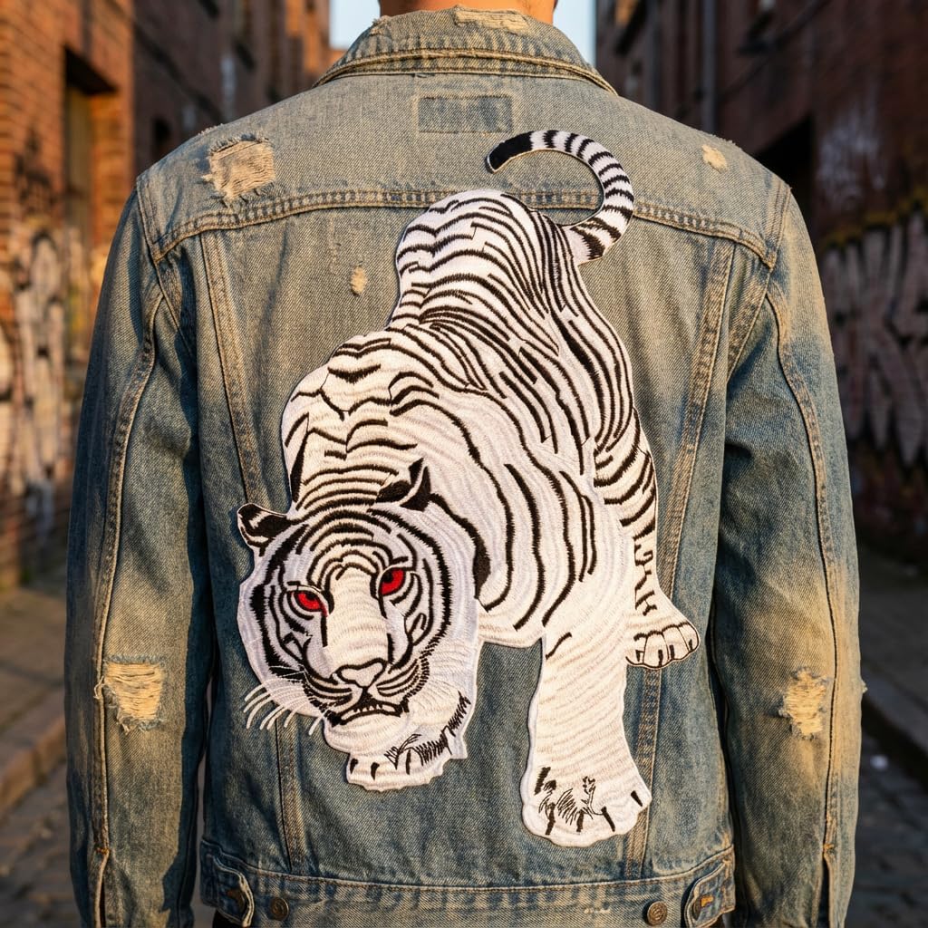 White Tiger Large Siberian Predator Iron-On Embroidery Patch - 12 Inch Decorative Applique for Jackets Bags and DIY Projects