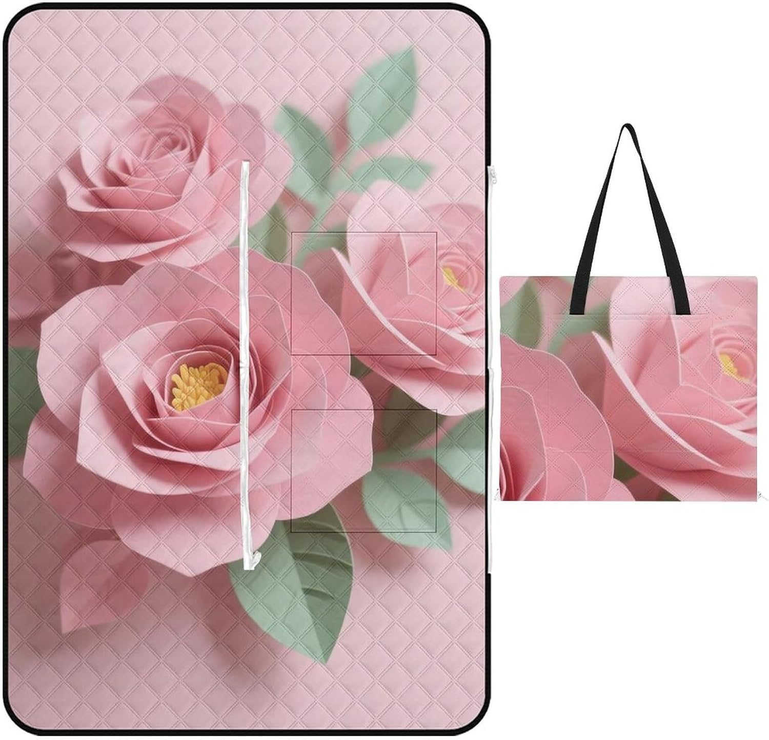 Pink Floral Picnic Blanket 150x100cm, Foldable 2-in-1 Picnic Mat and Tote Bag Portable Waterproof Beach Mat Sandproof Outdoor Blanket for Park, Hiking, Beach, Camping, Travel