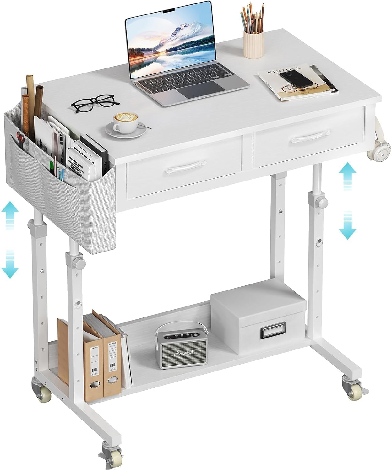 Small White Portable Rolling Standing Desk with Drawers & Storage Shelf, 32 Inch Mobile Stand Up Desk Adjustable Height with Wheels for Home Office, Kids Desks Couch Sofa Side Laptop Craft Table