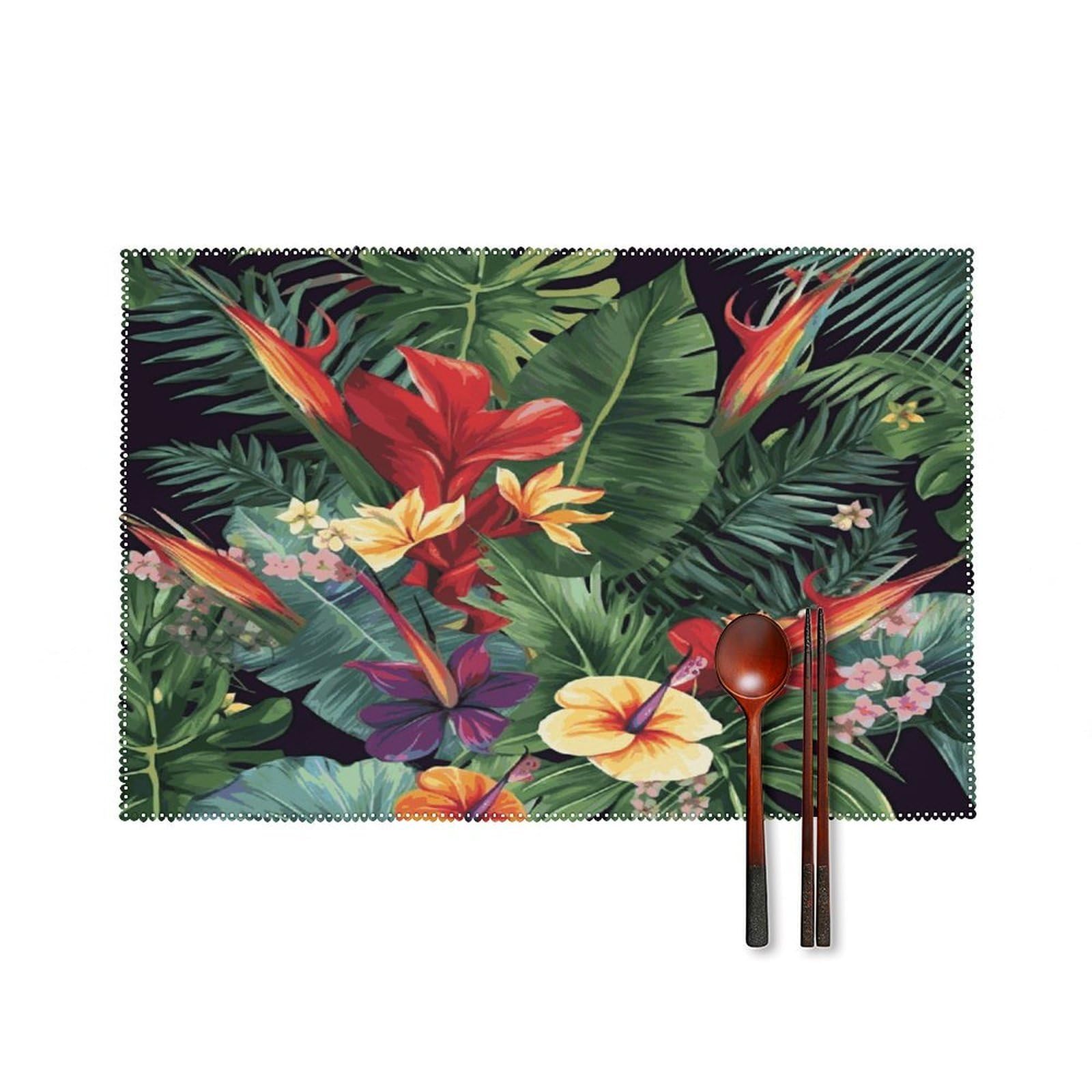 Tropical Plant Flowers Placemats Set of 6 Heat-Resistant Washable Place Mats Wipeable Kitchen Placemat Easy to Clean for Indoor Outdoor Party Kitchen Decoration
