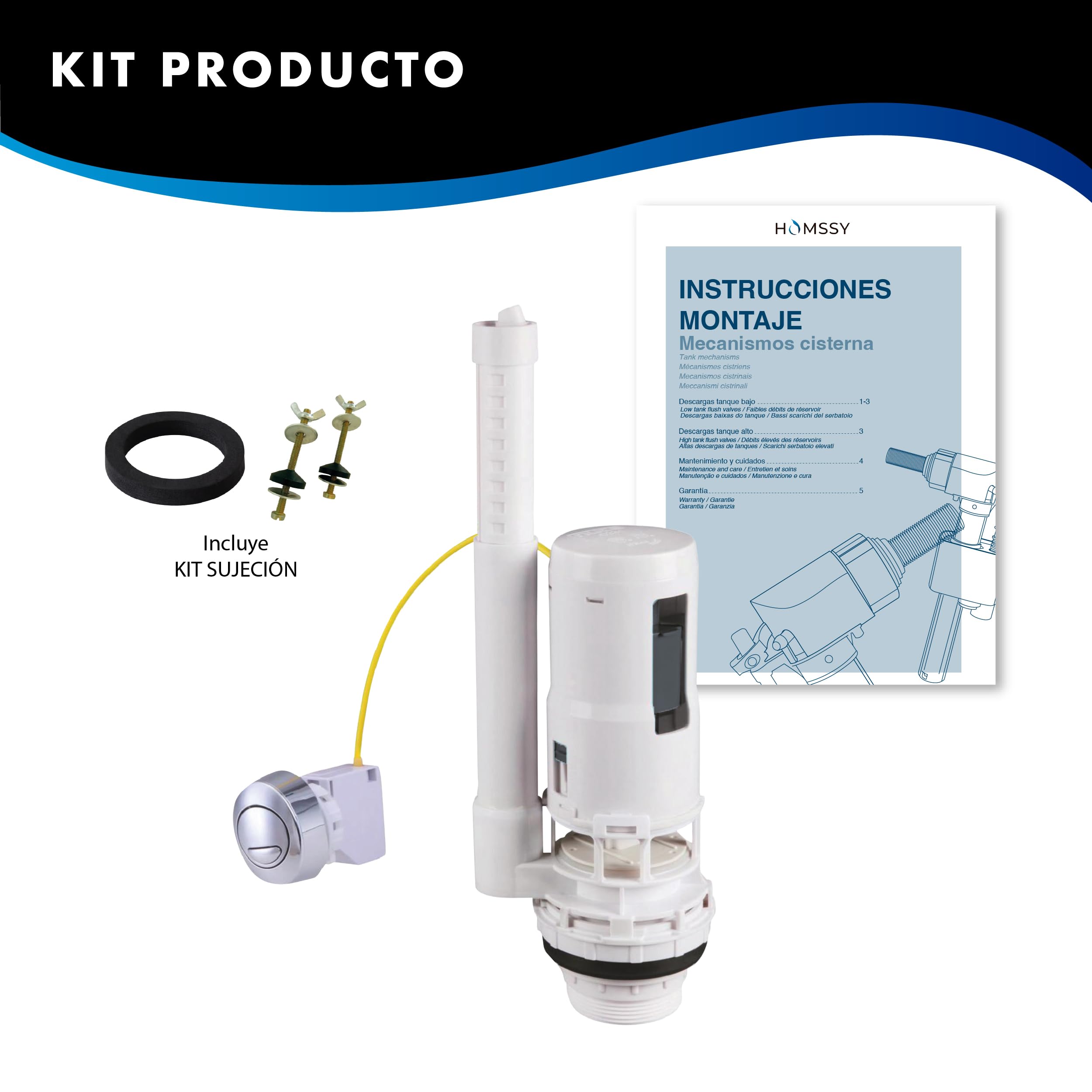 Mecanismo Cisterna WC Doble Pulsador con Cable D-220 – Válvula Descarga Universal Eco, Regulación Parcial y Total, Altura Ajustable, Compatible Pulsador Superior o Lateral