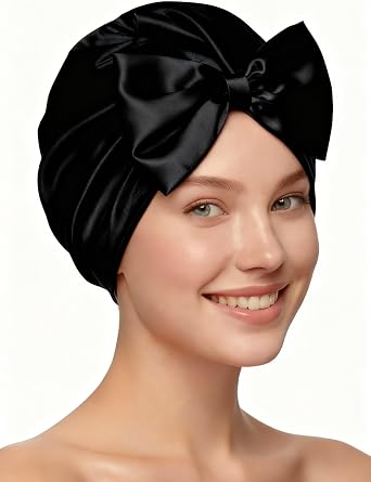 Ramede Bow Satin Bonnet for Sleeping Double Layer Coquette Sleep Cap with Adjustable Elastic Band for Women Curly Hair