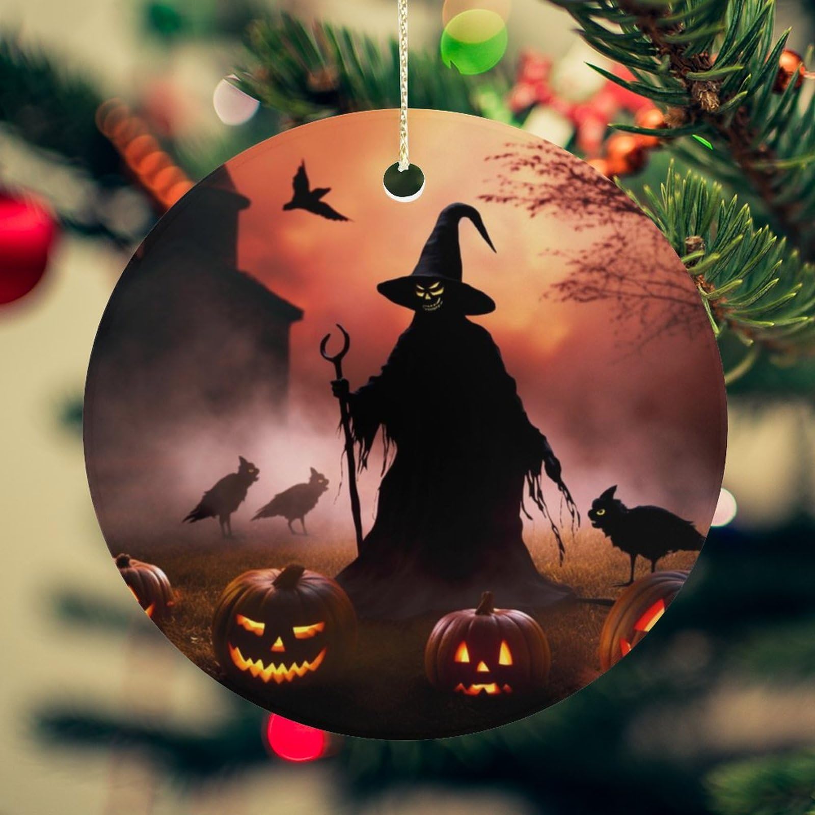 Scary Halloween Christmas Ornament for Christmas Tree Ceramic Round Ornament Winter Holiday Keepsake Gift 2.7" Christmas Tree Hanging Decorations Circle Ceramic Pendant Xmas Gift