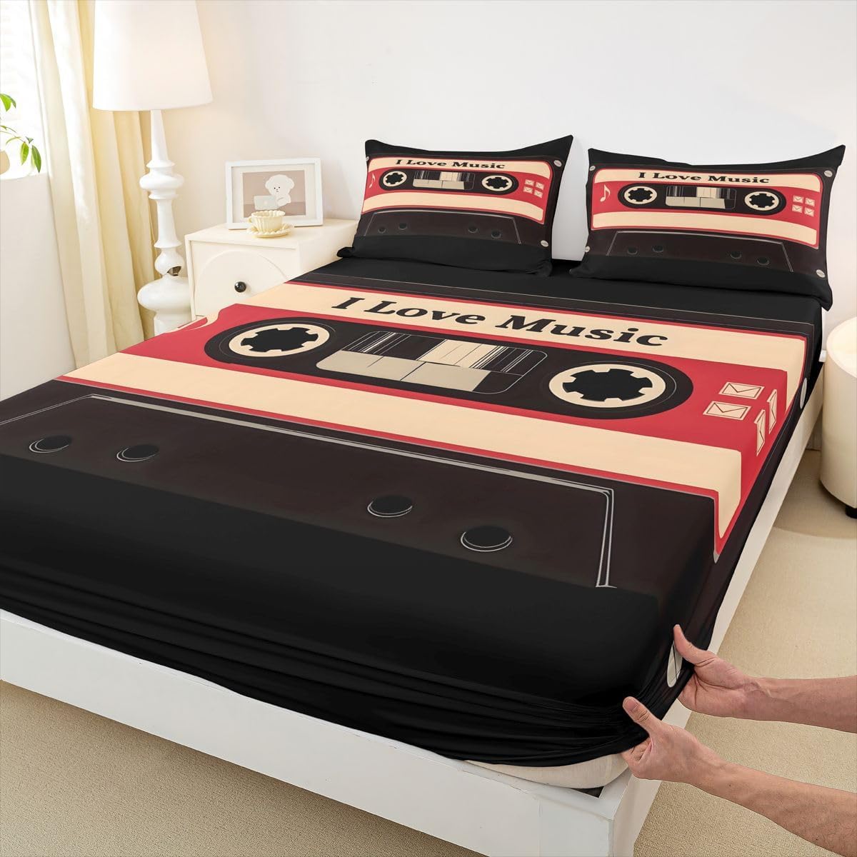 Erosebridal Retro Audio Cassette Full Bed Sheets for Kids Boys Girls 1990S 2000S Downtown Girl Fitted Sheet, Dark Red and Black Music Theme Bedding Sets 3 Pieces