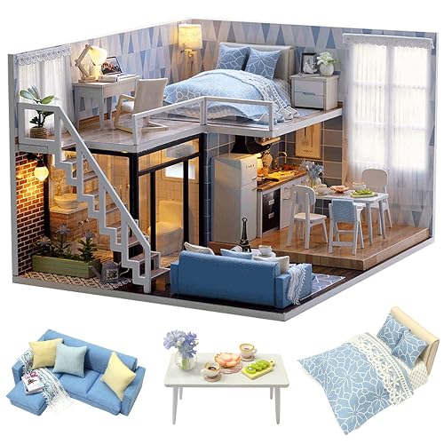 Cuteroom - Kit de casa de Madera para muñecas de Bricolaje - Modelo Azul y lámpara LED