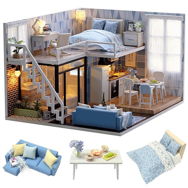 Cuteroom - Kit de casa de Madera para muñecas de Bricolaje - Modelo Azul y lámpara LED