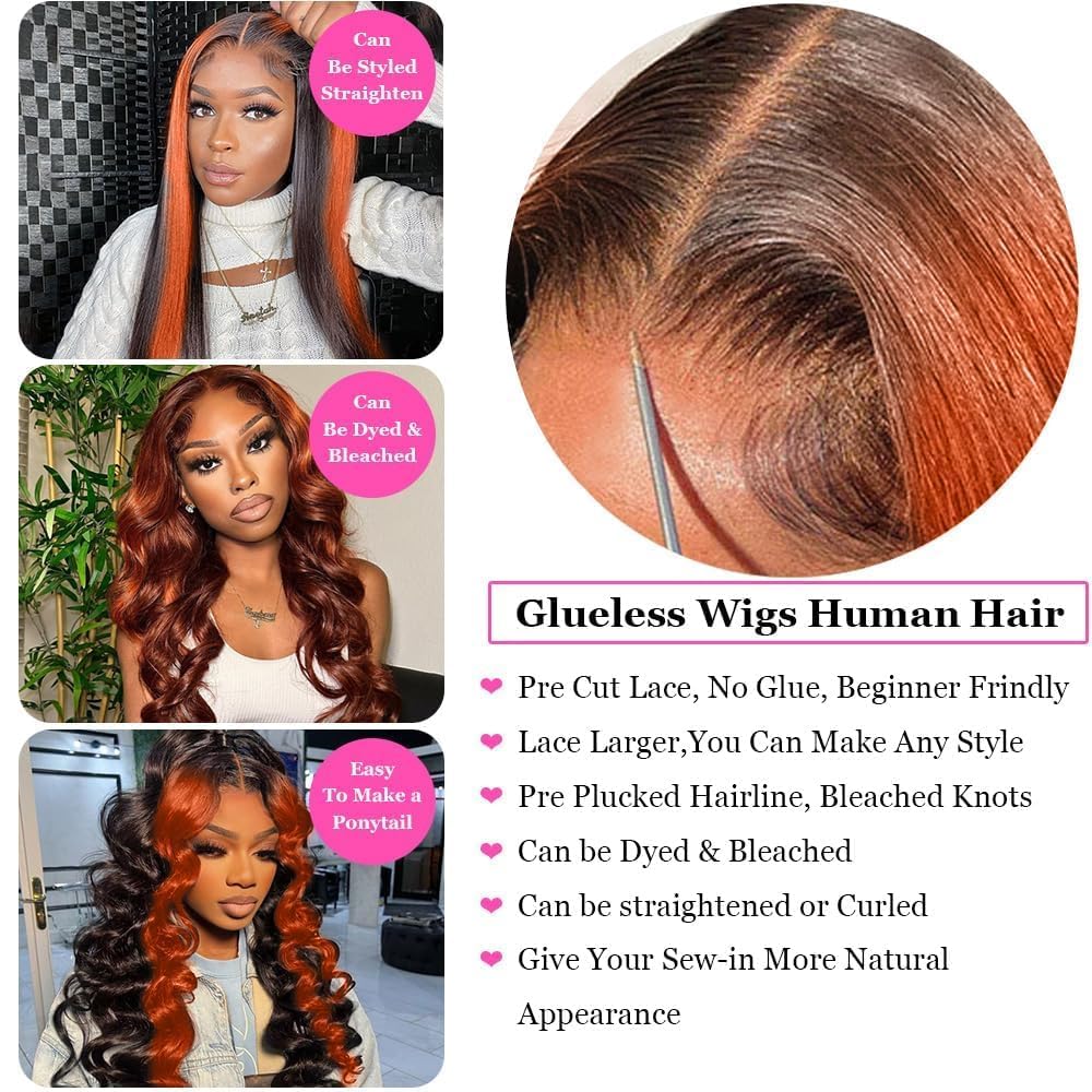 200% Density Wear And Go 9x6 Glueless Wigs Human Hair Pre Plucked Pre Cut For Beginners Ginger Body Wave Lace Front Wigs Human Hair For Black Women HD Lace Closure Colored Glueless Wig(30 INCH)