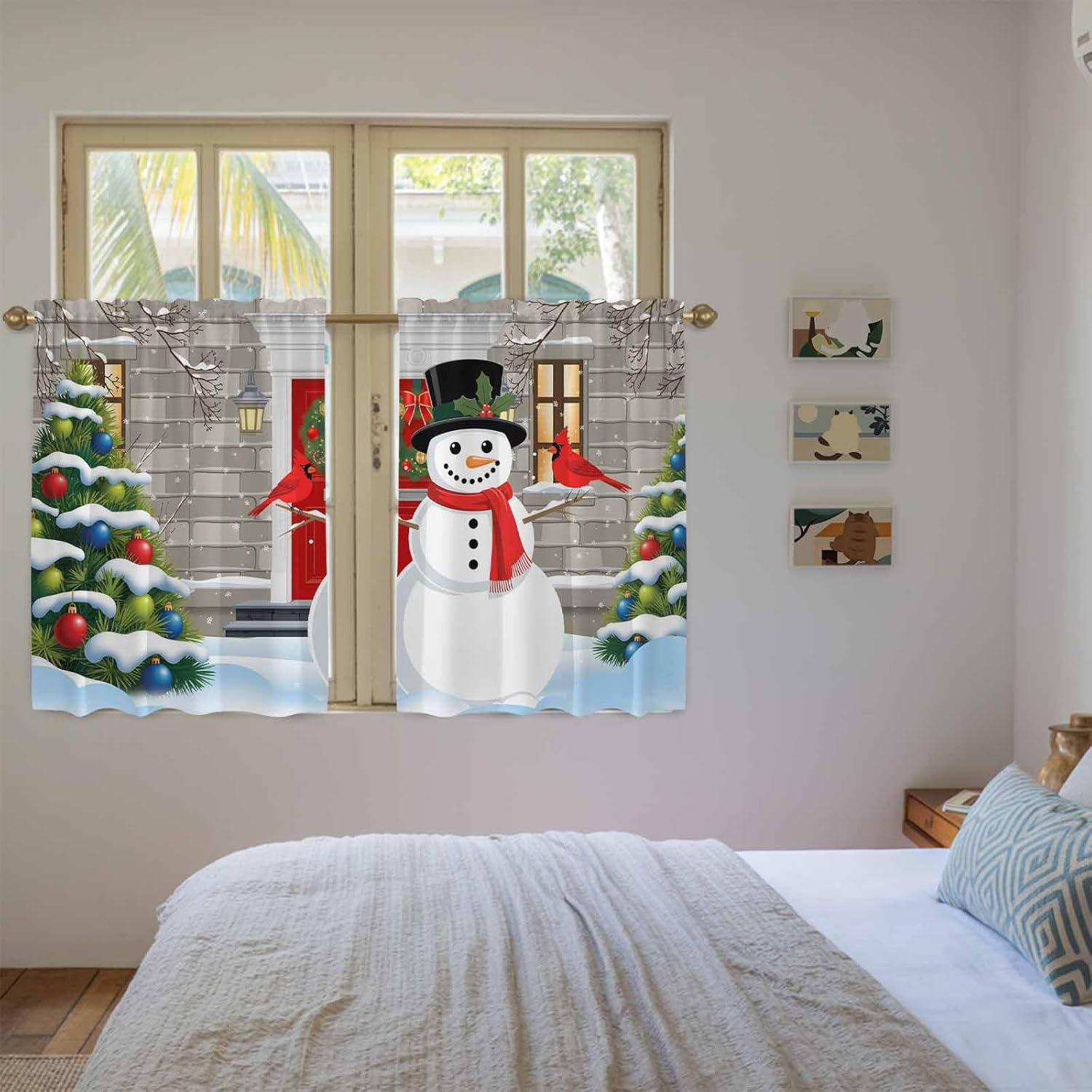 Christmas Snowman Kitchen Tier Curtains 45 Inch Long 2 Panel Set,Rod Pocket Short Window Treatment,Winter Cardinal Xmas Trees Snowflakes Curtains & Drapes for Bathroom Basement 27.5"W x 45"L