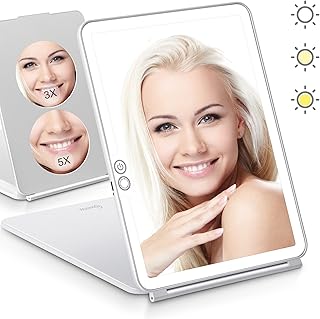 2023 Upgraded Travel Makeup Mirror with Lights and Travel Magnifying Mirror (3x 5x Magnifying), Ultra Thin Portable Mirror for Makeup, Travel Vanity Mirror with Touch Screen, USB Rechargable 1800mAh,
