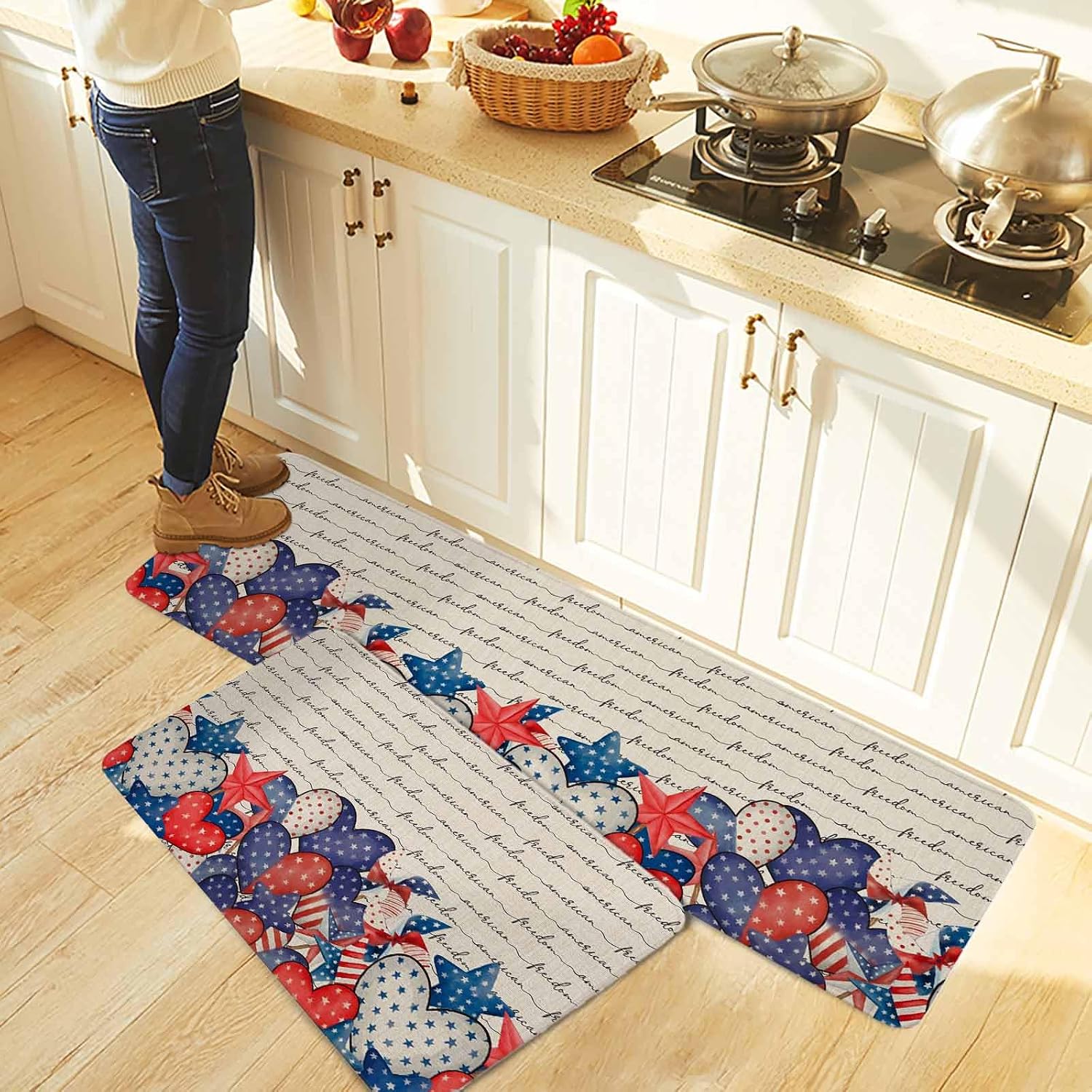 4th of July Kitchen Rugs and Mats Set of 2, Non-Slip Kitchen Sink Mat, Independence Day Farmhouse Stars Red Blue Washable Doormat Bathroom Rugs Runner for Bedroom/Living Room 17.7"x30"+17.7"x47.2"
