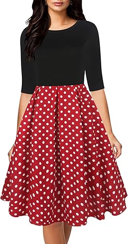 oxiuly OX253 - Vestido de mujer con mangas de media manga, cuello redondo, estilo vintage, con bolsillos, casual, con contraste, vestido holgado