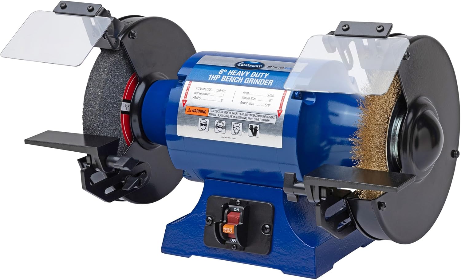 Eastwood 8 Inch Heavy Duty 1HP Bench Grinder | Industrial Grade High Precision Bench Grinder | Includes 8" Grinding Wheel & Crimped Wire Wheel with 3450 RPM Motor | Easy to Remove Wheel Guard Sides