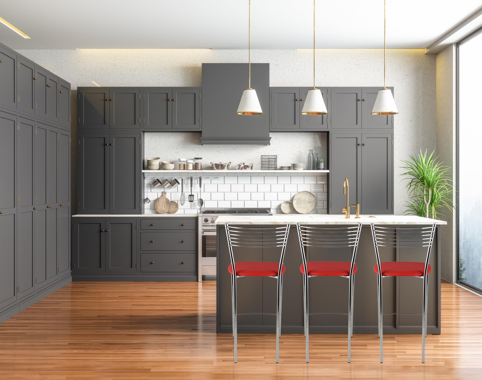 t m c s Tommychairs - Set 2 sgabelli alti modello Elegance per cucina e bar, struttura in acciaio cromato e seduta imbottita e rivestita in pelle artificiale colore rosso